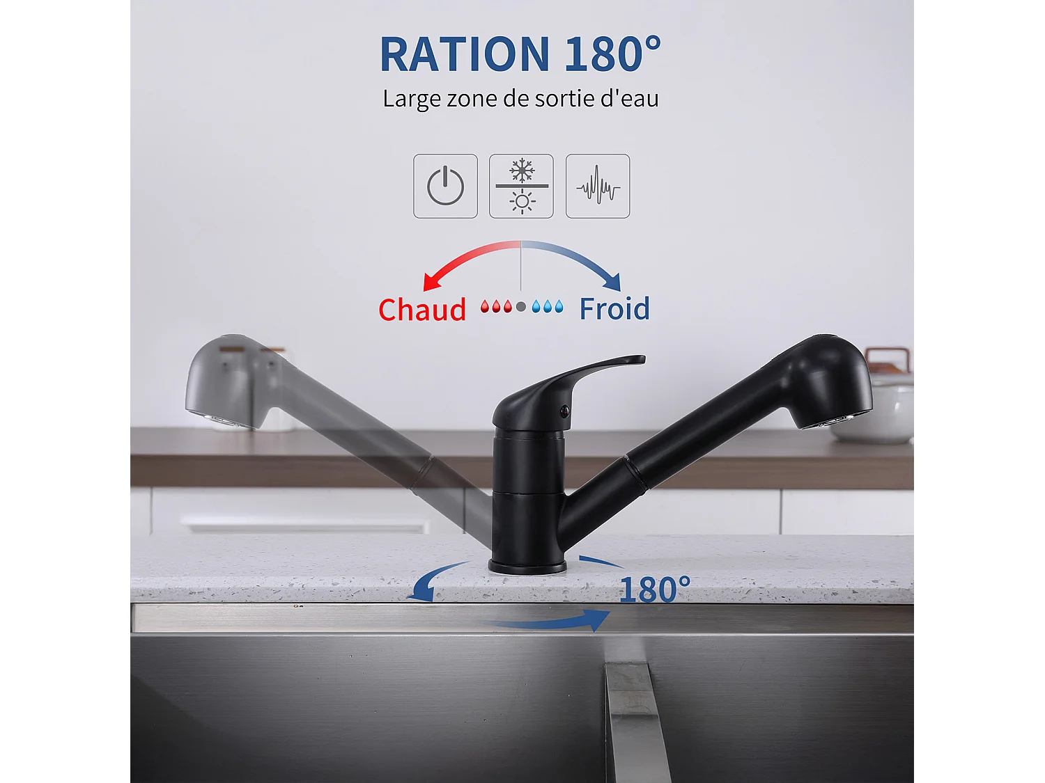 Mitigeur de Cuisine avec Douchette Extractible Noir, Robinet Cuisine avec 2 Jets aux Choix Robinetterie en Acie Haute Qualité