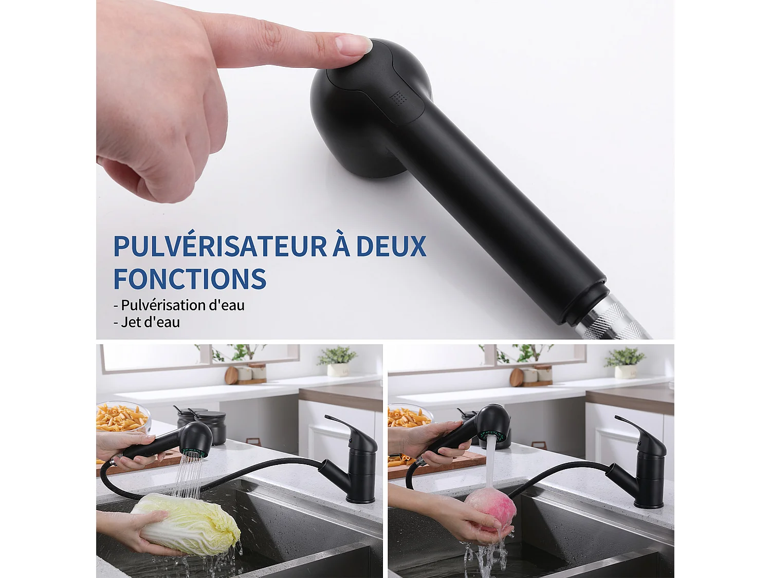 Mitigeur de Cuisine avec Douchette Extractible Noir, Robinet Cuisine avec 2 Jets aux Choix Robinetterie en Acie Haute Qualité