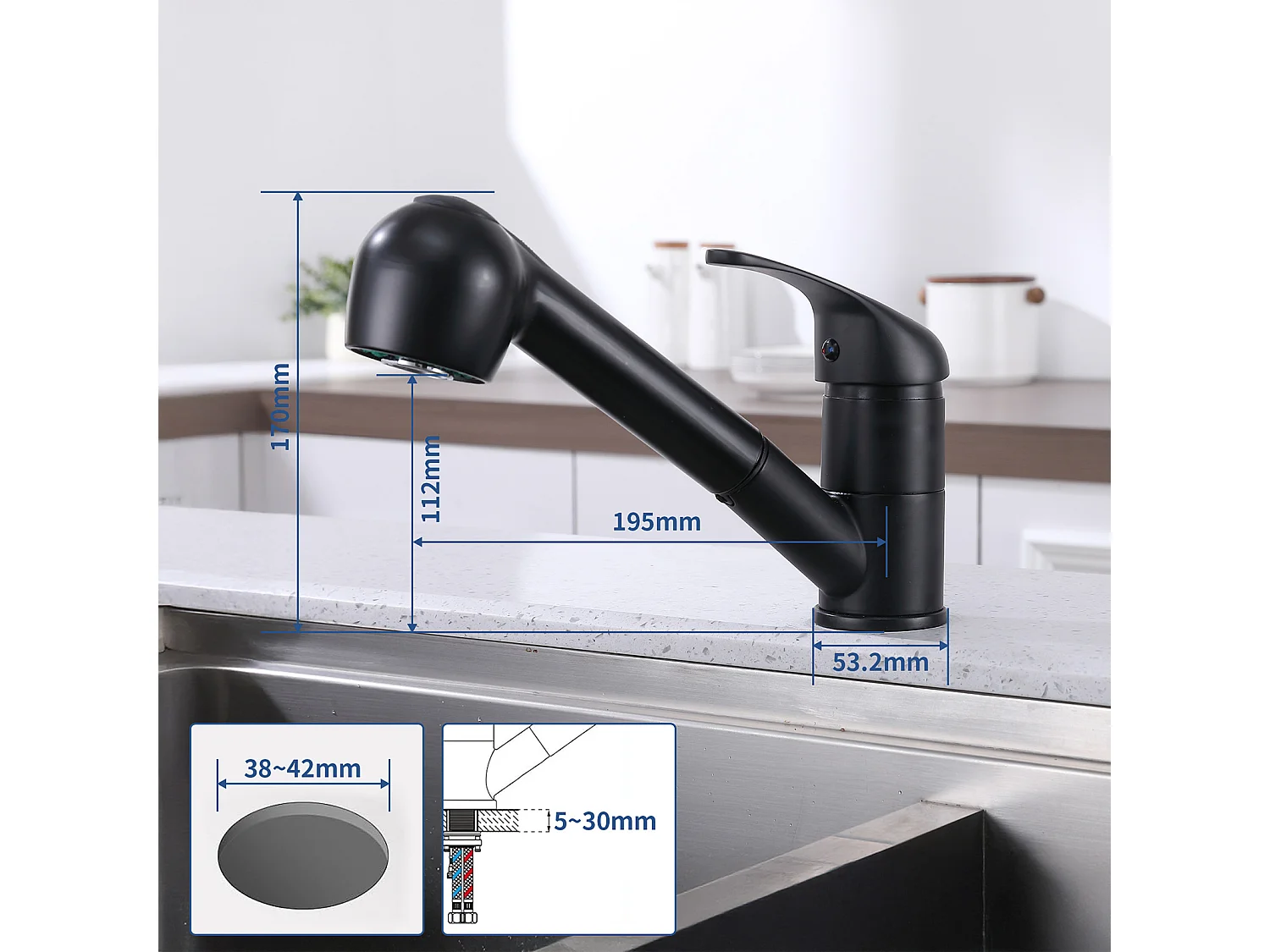 Mitigeur de Cuisine avec Douchette Extractible Noir, Robinet Cuisine avec 2 Jets aux Choix Robinetterie en Acie Haute Qualité