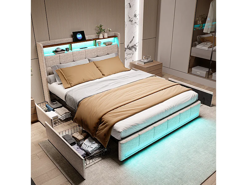 Lit double 140x200 cm, avec 4 tiroirs, éclairage LED, étagères, USB fonction de charge C, sommier à lattes en bois, lit capitonné en lin - Beige