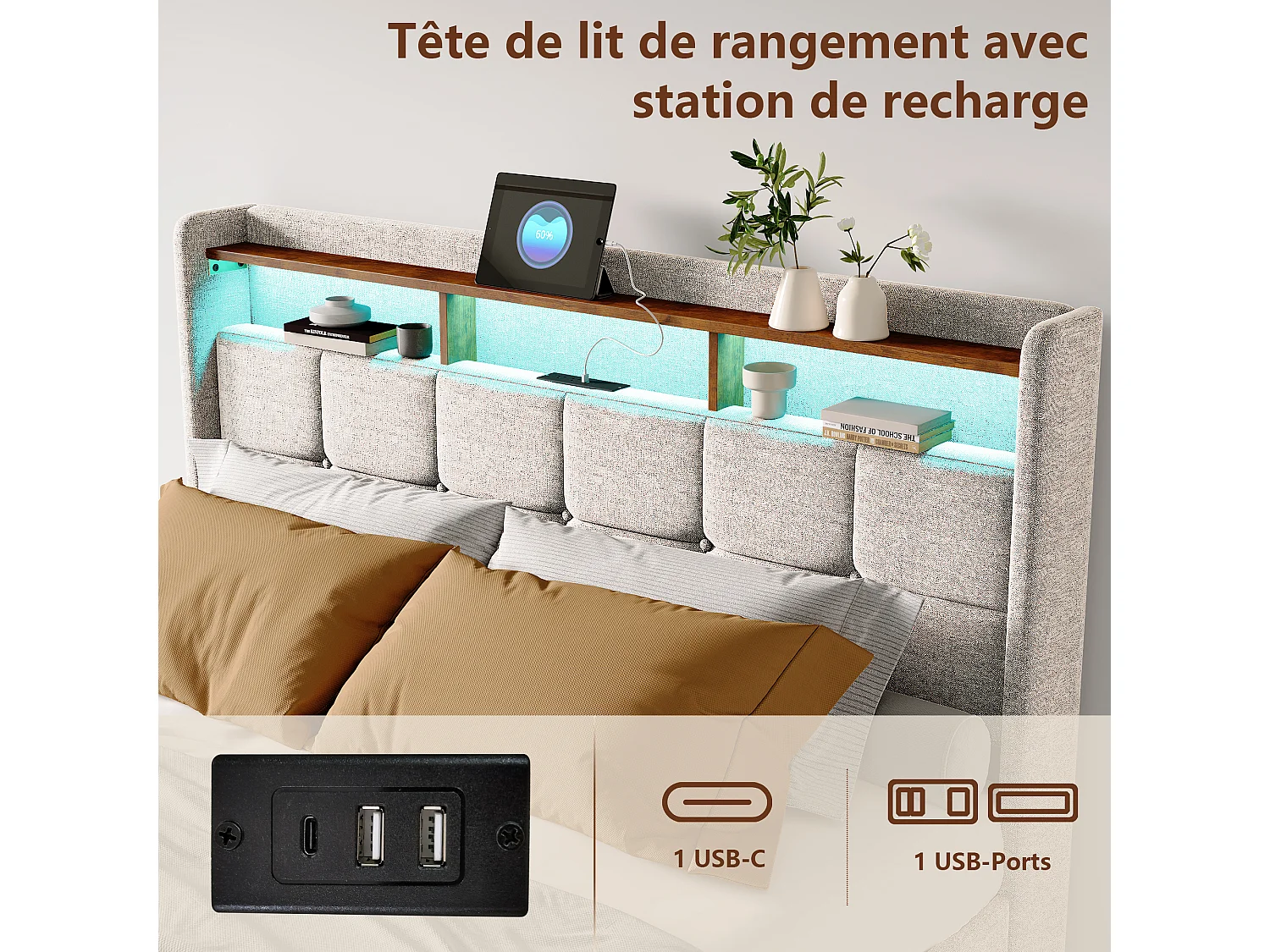 Lit double 140x200 cm, avec 4 tiroirs, éclairage LED, étagères, USB fonction de charge C, sommier à lattes en bois, lit capitonné en lin - Beige