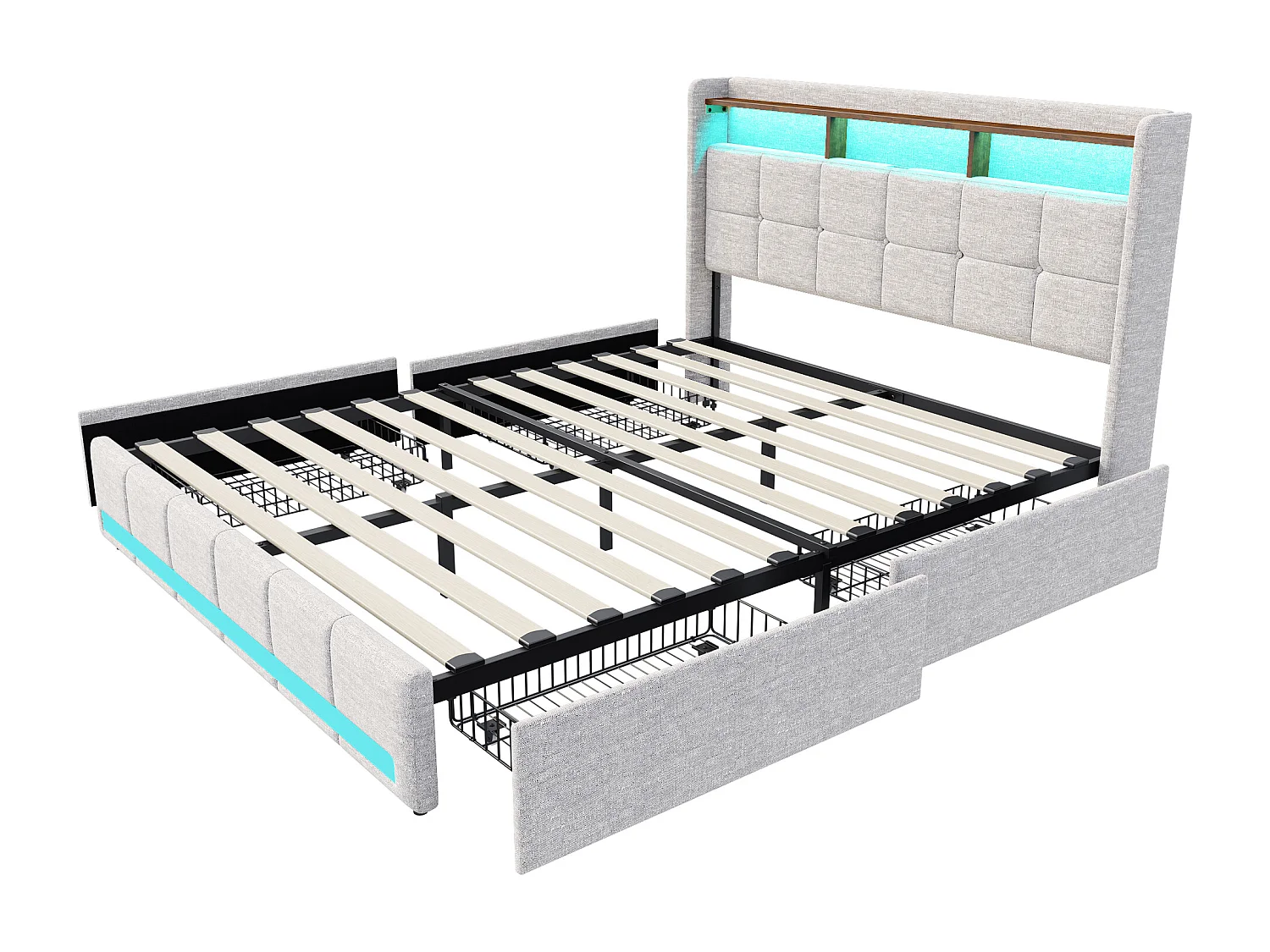 Lit double 140x200 cm, avec 4 tiroirs, éclairage LED, étagères, USB fonction de charge C, sommier à lattes en bois, lit capitonné en lin - Beige