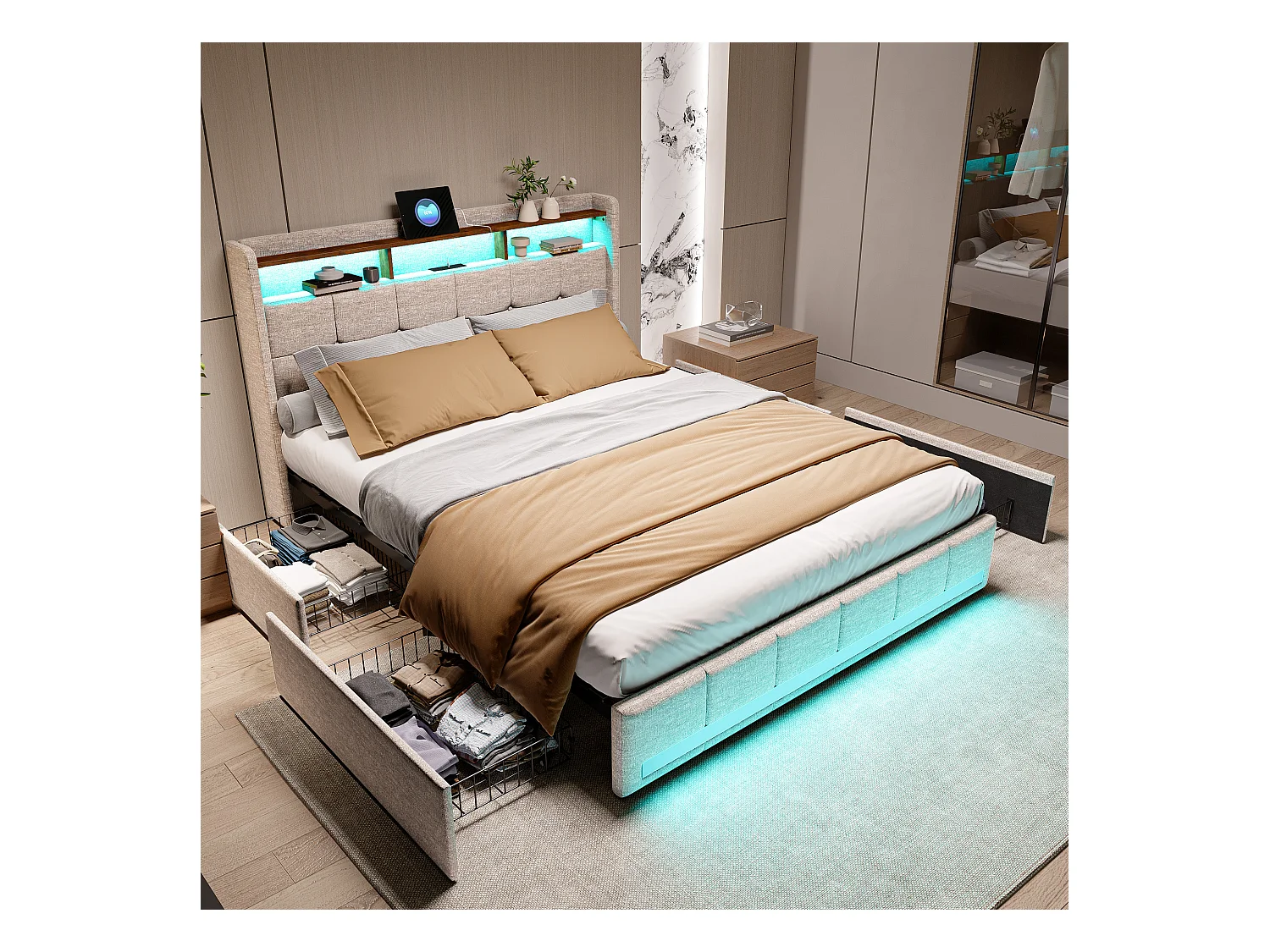 Lit double 140x200 cm, avec 4 tiroirs, éclairage LED, étagères, USB fonction de charge C, sommier à lattes en bois, lit capitonné en lin - Beige
