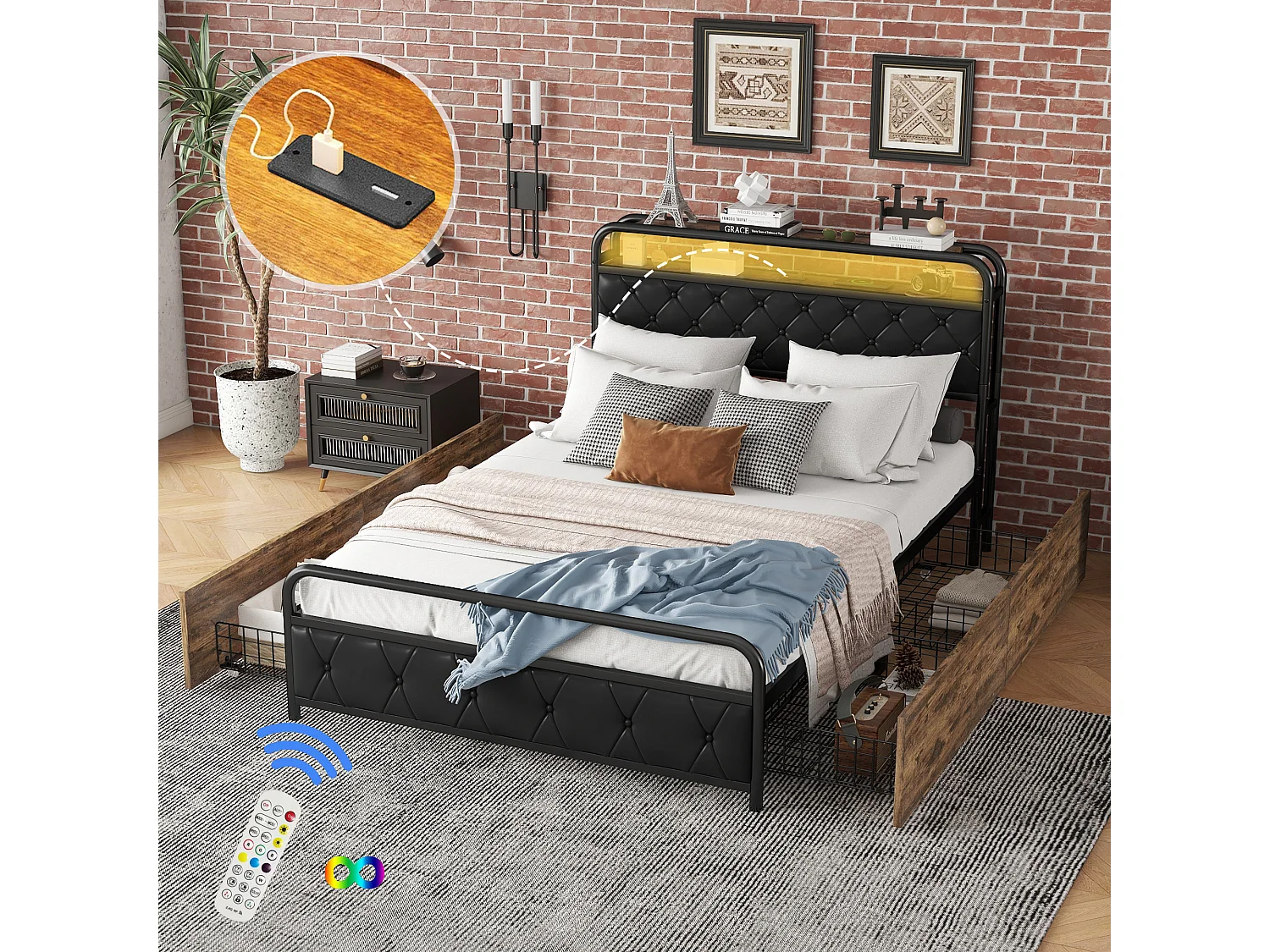 Cama plana 140x200cm - cama com estrutura em ferro e iluminação ambiente na cama + tomadas USB + 4 gavetas, cama preta para adulto