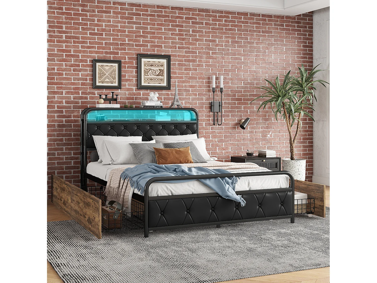 Cama plana 140x200cm - cama com estrutura em ferro e iluminação ambiente na cama + tomadas USB + 4 gavetas, cama preta para adulto