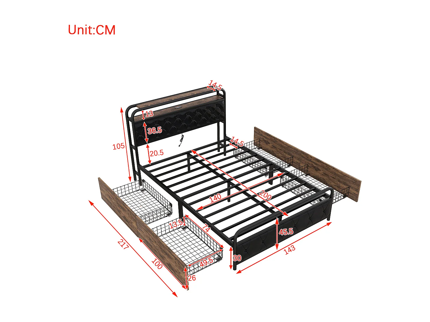 Cama plana 140x200cm - cama com estrutura em ferro e iluminação ambiente na cama + tomadas USB + 4 gavetas, cama preta para adulto