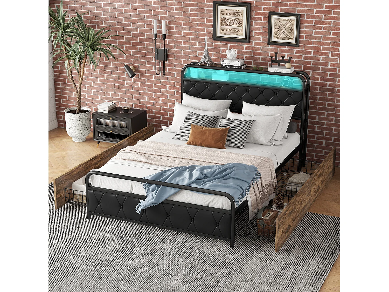 Cama plana 140x200cm - cama com estrutura em ferro e iluminação ambiente na cama + tomadas USB + 4 gavetas, cama preta para adulto