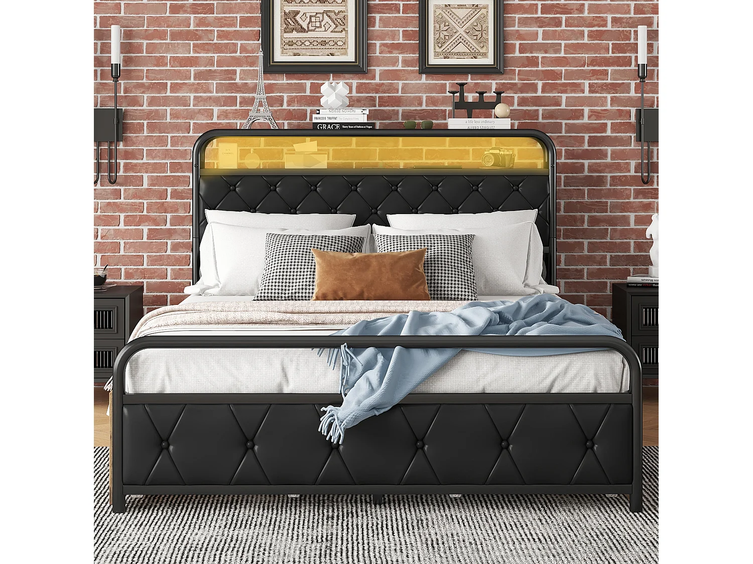 Cama plana 140x200cm - cama com estrutura em ferro e iluminação ambiente na cama + tomadas USB + 4 gavetas, cama preta para adulto