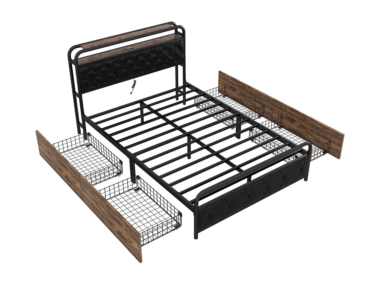 Cama plana 140x200cm - cama com estrutura em ferro e iluminação ambiente na cama + tomadas USB + 4 gavetas, cama preta para adulto