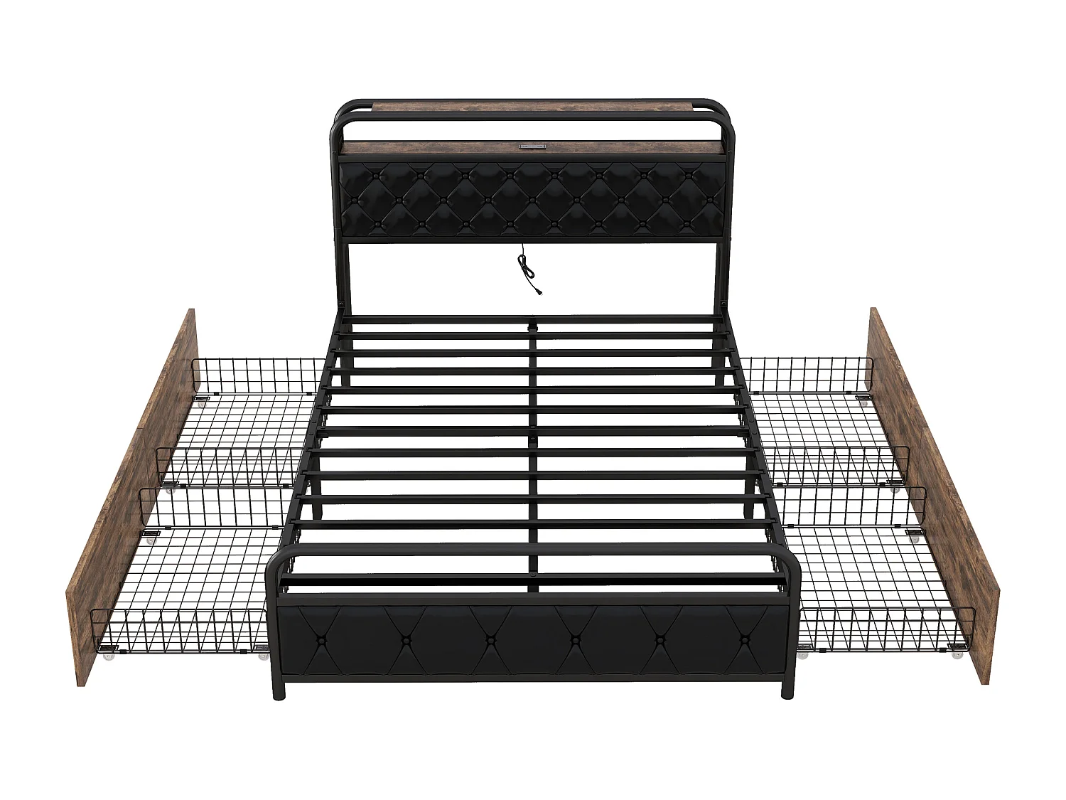 Cama plana 140x200cm - cama com estrutura em ferro e iluminação ambiente na cama + tomadas USB + 4 gavetas, cama preta para adulto