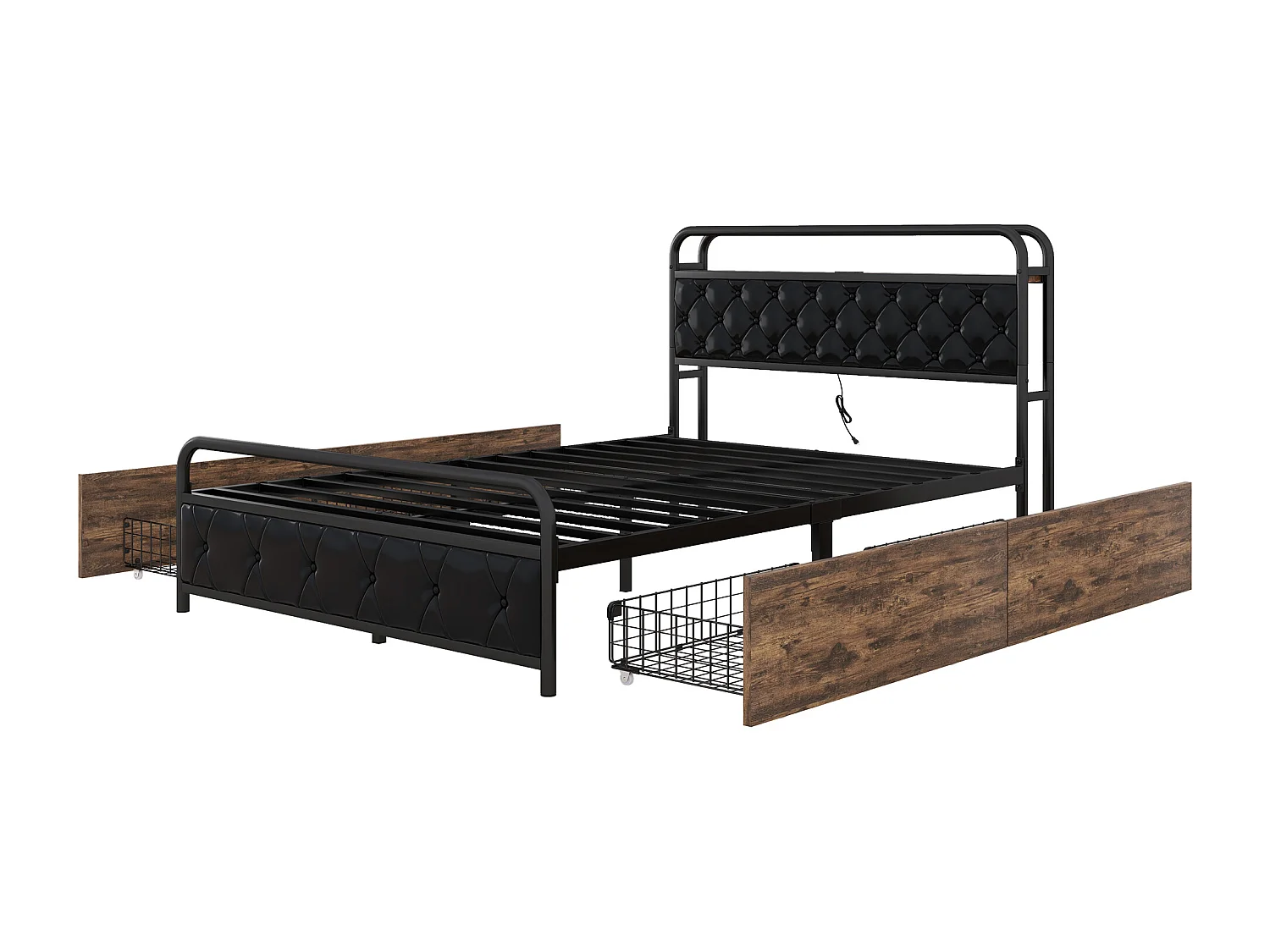 Cama plana 140x200cm - cama com estrutura em ferro e iluminação ambiente na cama + tomadas USB + 4 gavetas, cama preta para adulto