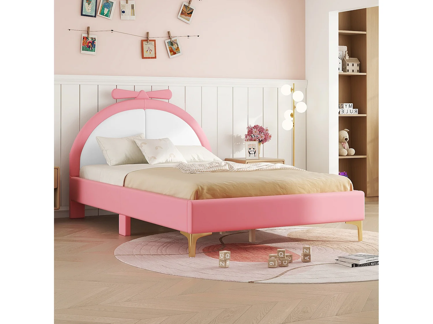 Kinderbett 140x200cm, flaches Doppelbett gepolstert mit Lattenrost und bequemem Kopfteil, in PU-Leder, rosa