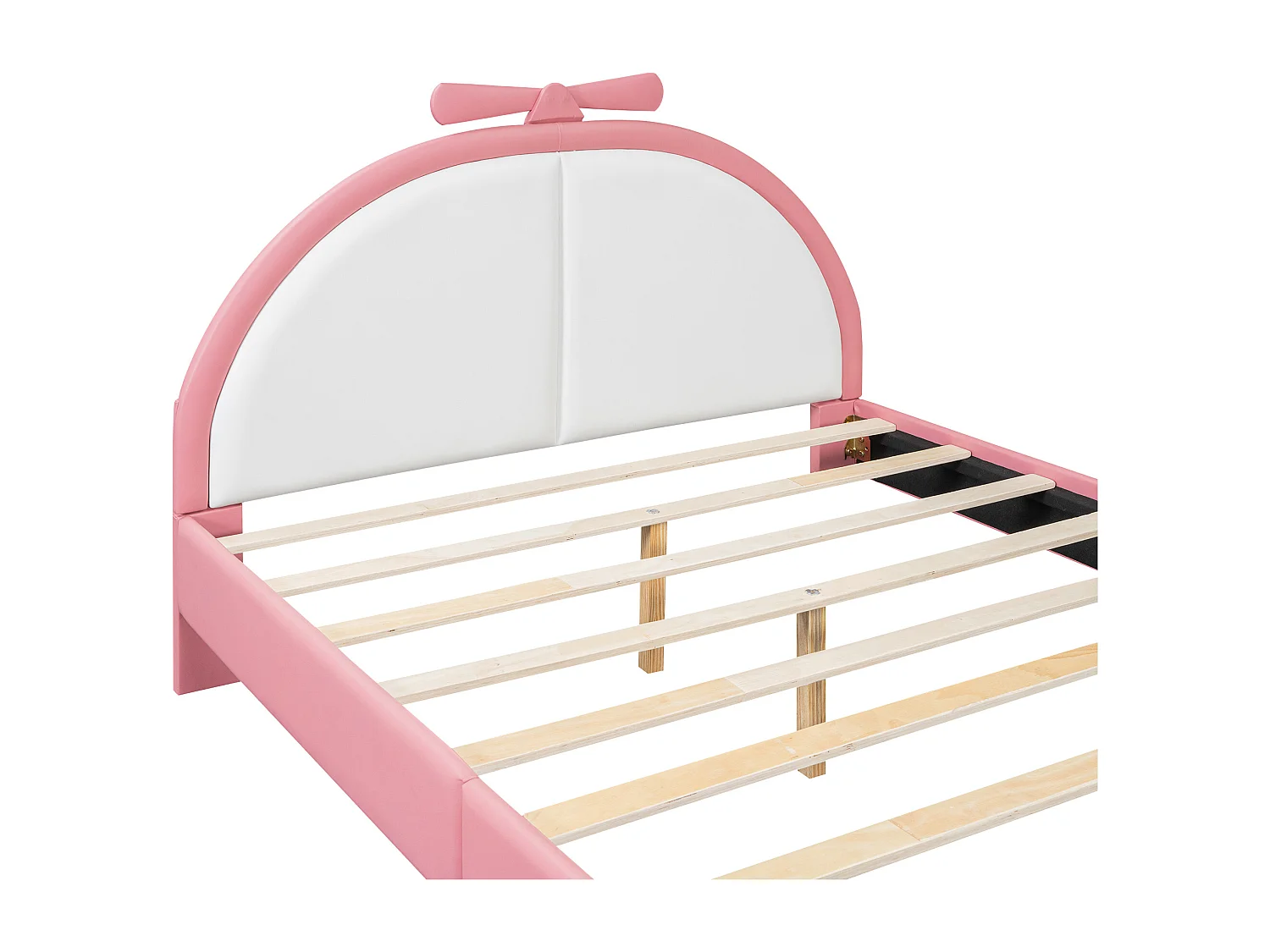 Kinderbett 140x200cm, flaches Doppelbett gepolstert mit Lattenrost und bequemem Kopfteil, in PU-Leder, rosa