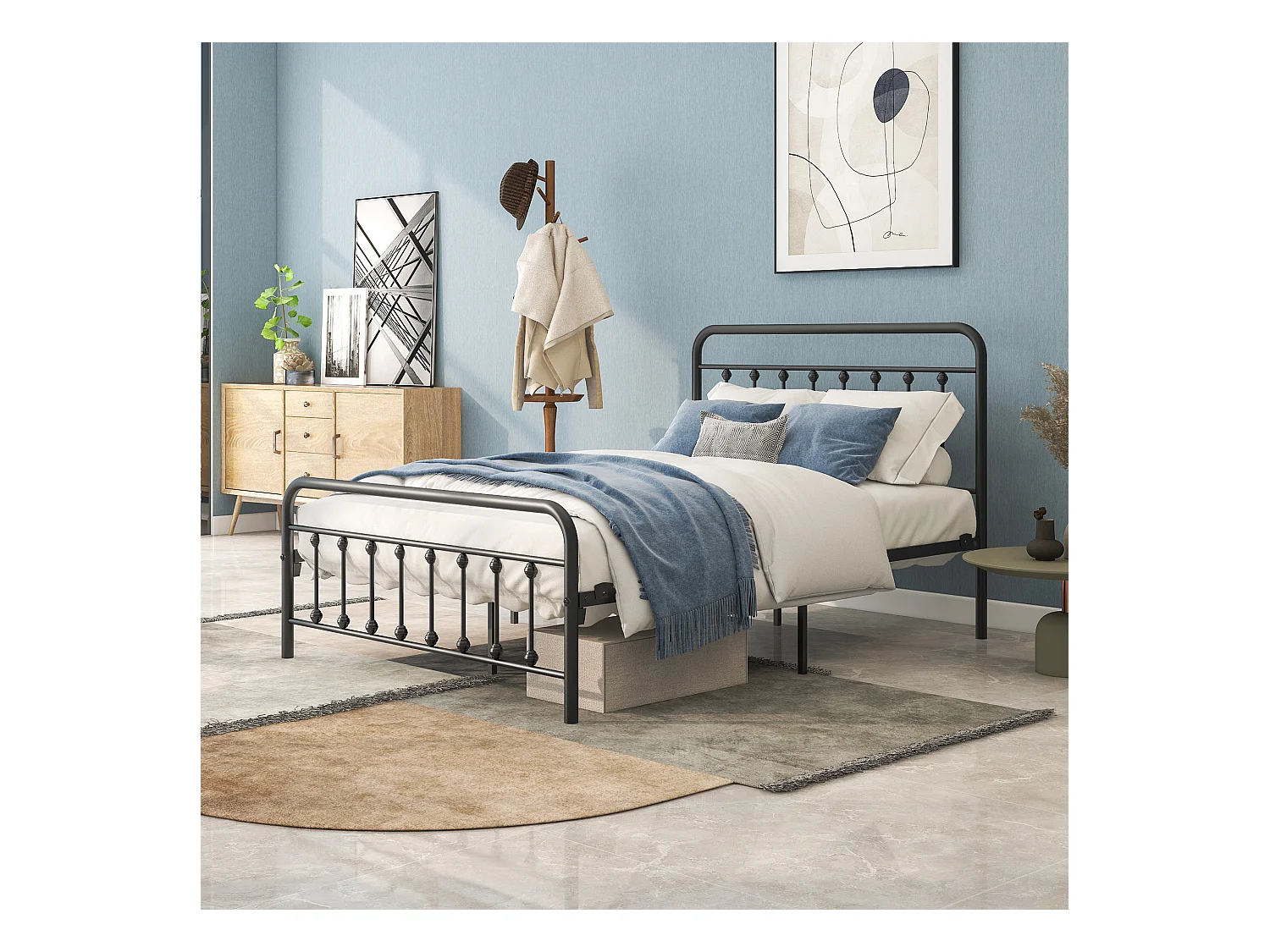 Cadre de Lit Métal Adulte Simple Double,  Lit sans Sommier Nécessaire sans Bruit, Noir