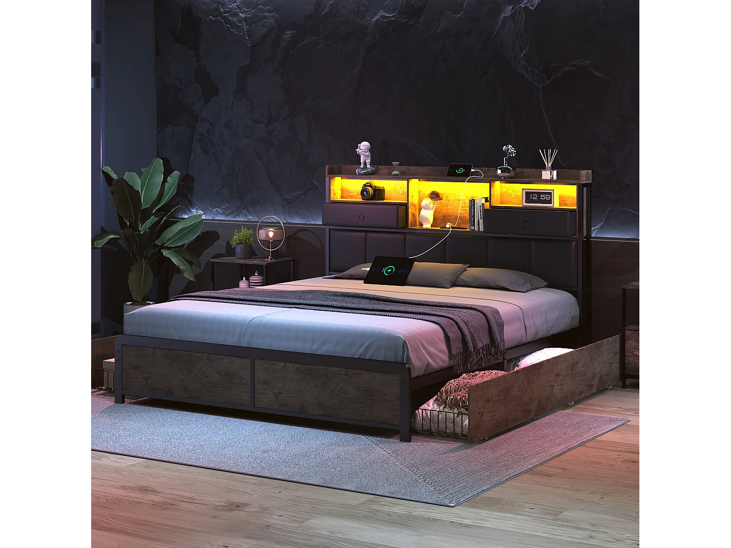 Lit adulte 140x200cm, lit double avec LED et tiroirs, lit en fer avec tête de lit et sommier à lattes, noir