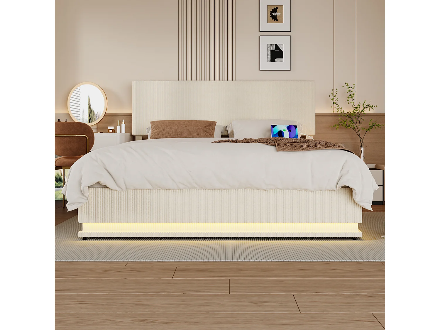 Lit coffre 140x200cm - Lit double LED avec sommier à lattes, tête de lit réglableet port USB - en velours beige