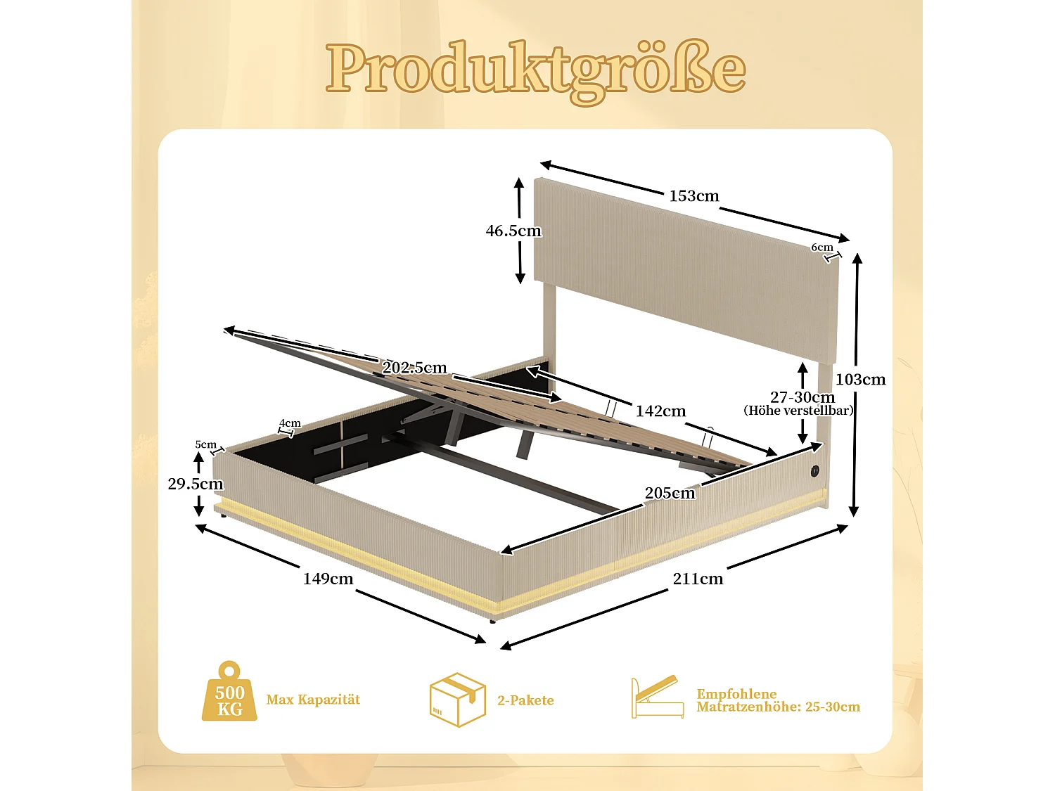 Lit coffre 140x200cm - Lit double LED avec sommier à lattes, tête de lit réglableet port USB - en velours beige