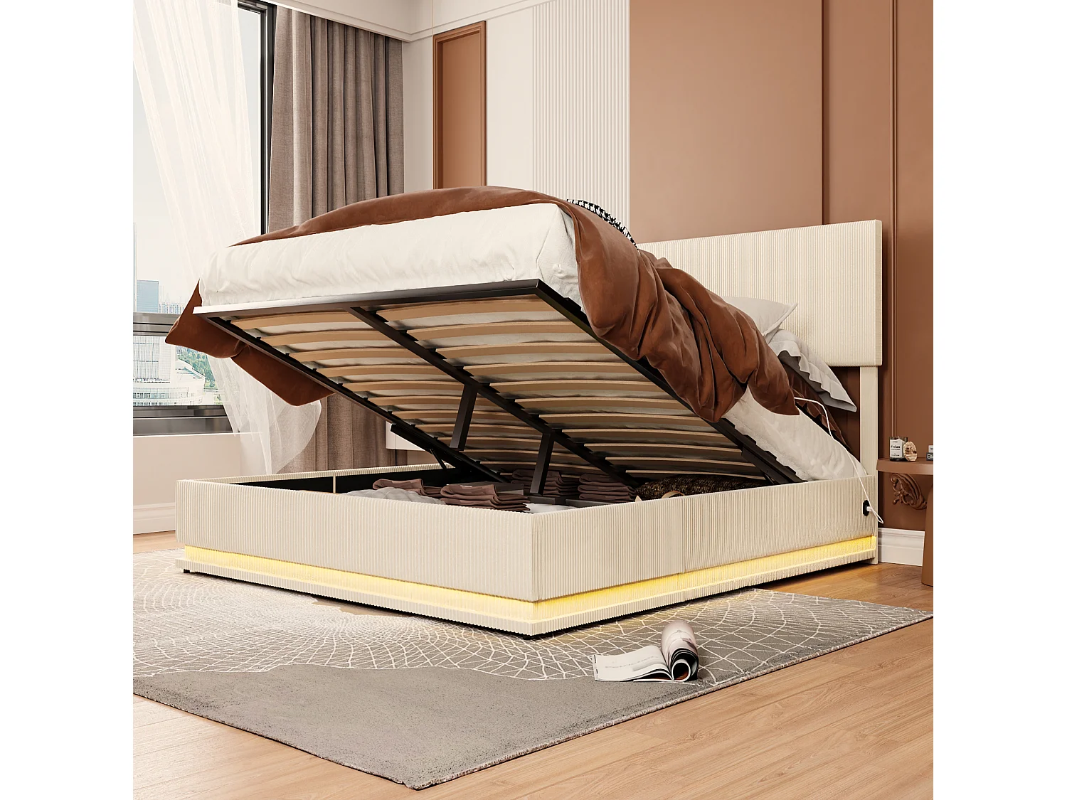 Lit coffre 140x200cm - Lit double LED avec sommier à lattes, tête de lit réglableet port USB - en velours beige