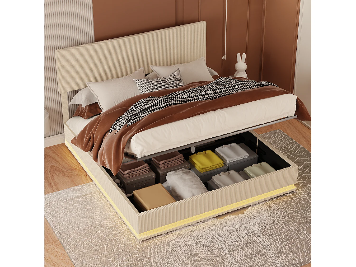 Lit coffre 140x200cm - Lit double LED avec sommier à lattes, tête de lit réglableet port USB - en velours beige