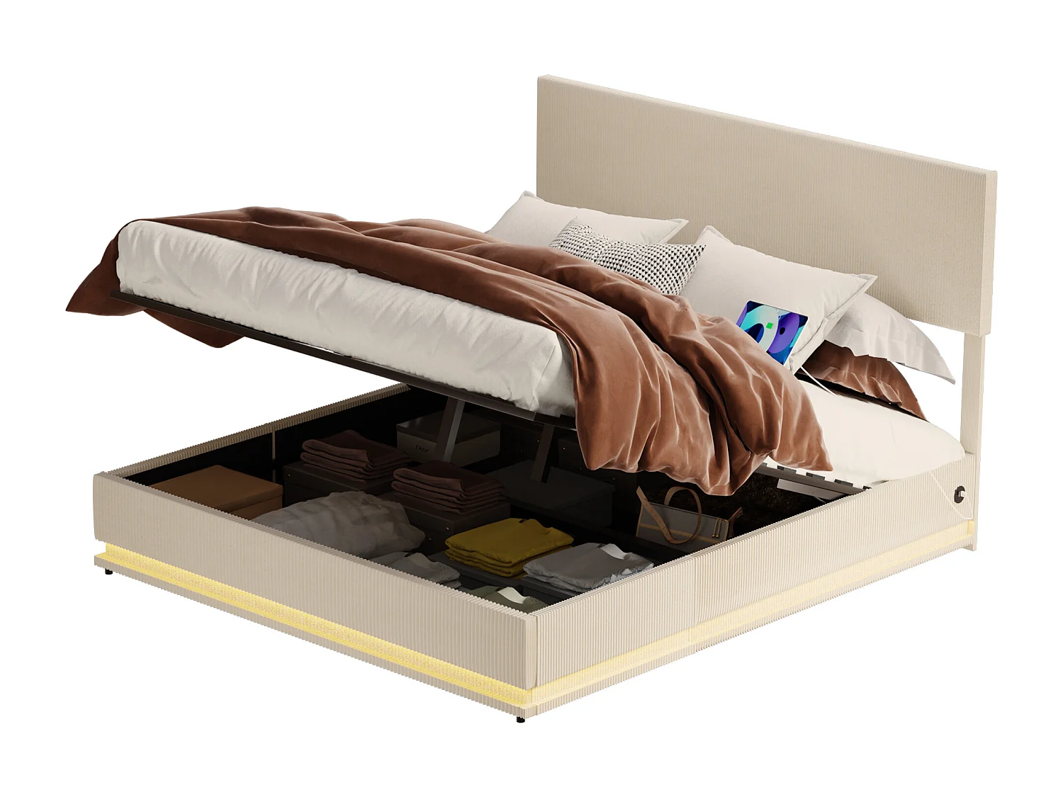 Lit coffre 140x200cm - Lit double LED avec sommier à lattes, tête de lit réglableet port USB - en velours beige