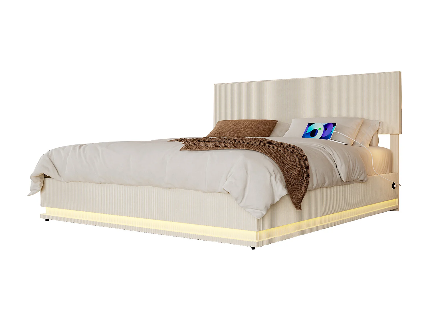 Lit coffre 140x200cm - Lit double LED avec sommier à lattes, tête de lit réglableet port USB - en velours beige