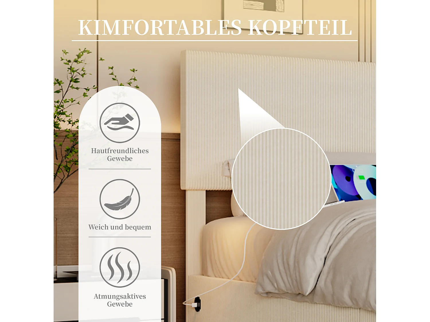 Lit coffre 140x200cm - Lit double LED avec sommier à lattes, tête de lit réglableet port USB - en velours beige