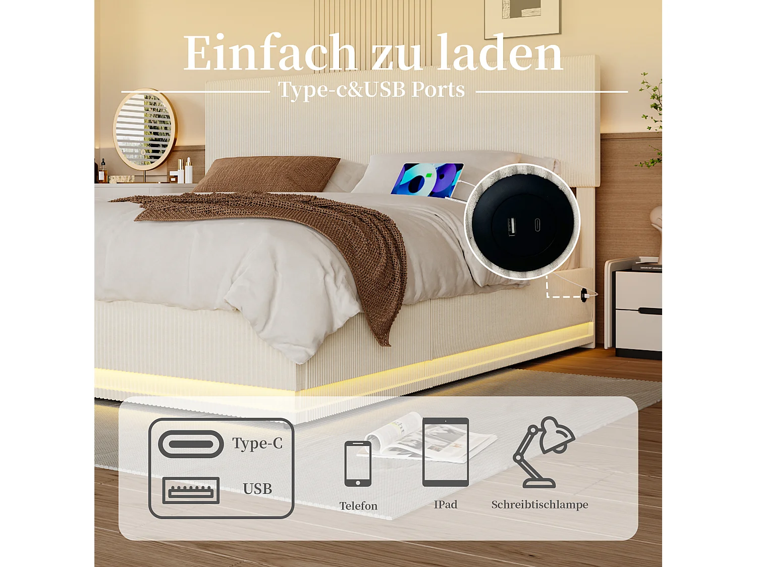 Lit coffre 140x200cm - Lit double LED avec sommier à lattes, tête de lit réglableet port USB - en velours beige