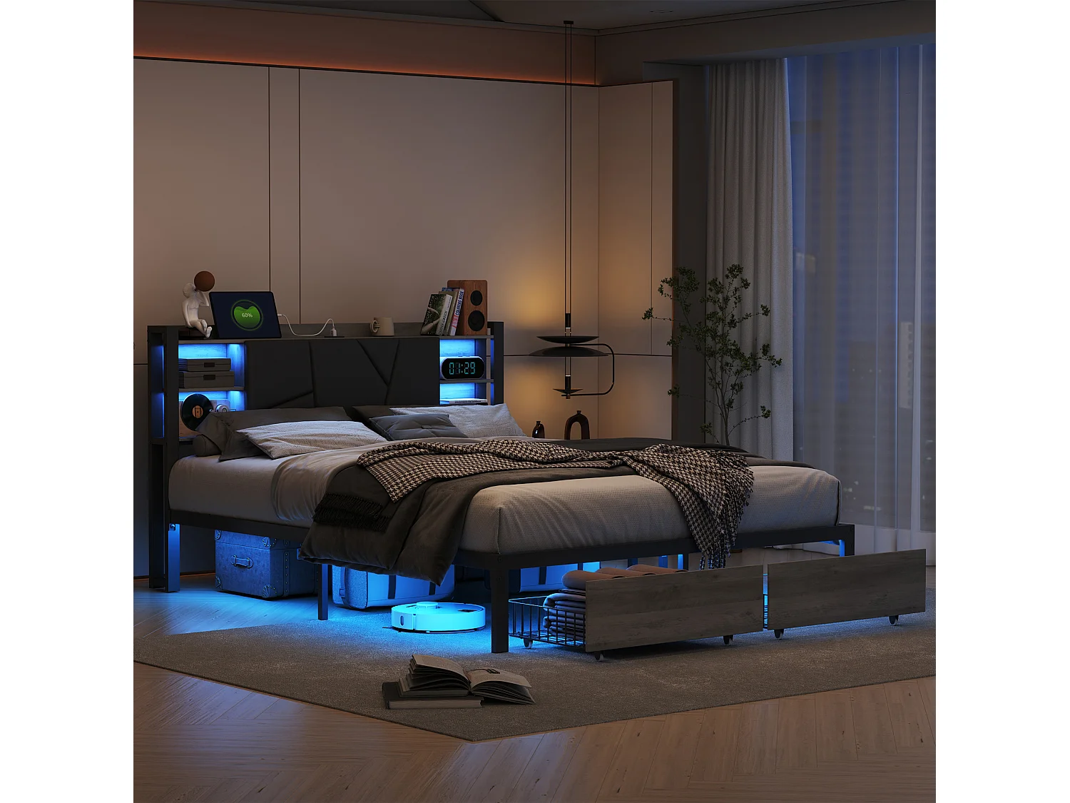 Lit en bois de fer 140*200 tête de lit lit avec lampe avec bout de lit double tiroirs chargeur