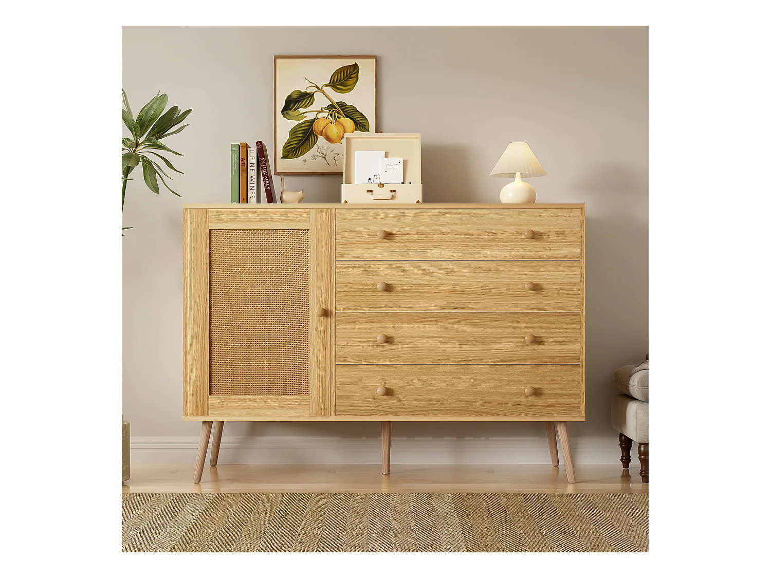 Buffet 120x40x836cm - Armoire avec 4 tiroirs et 1 porte en rotin - en bois MDF+PB - coloris bois
