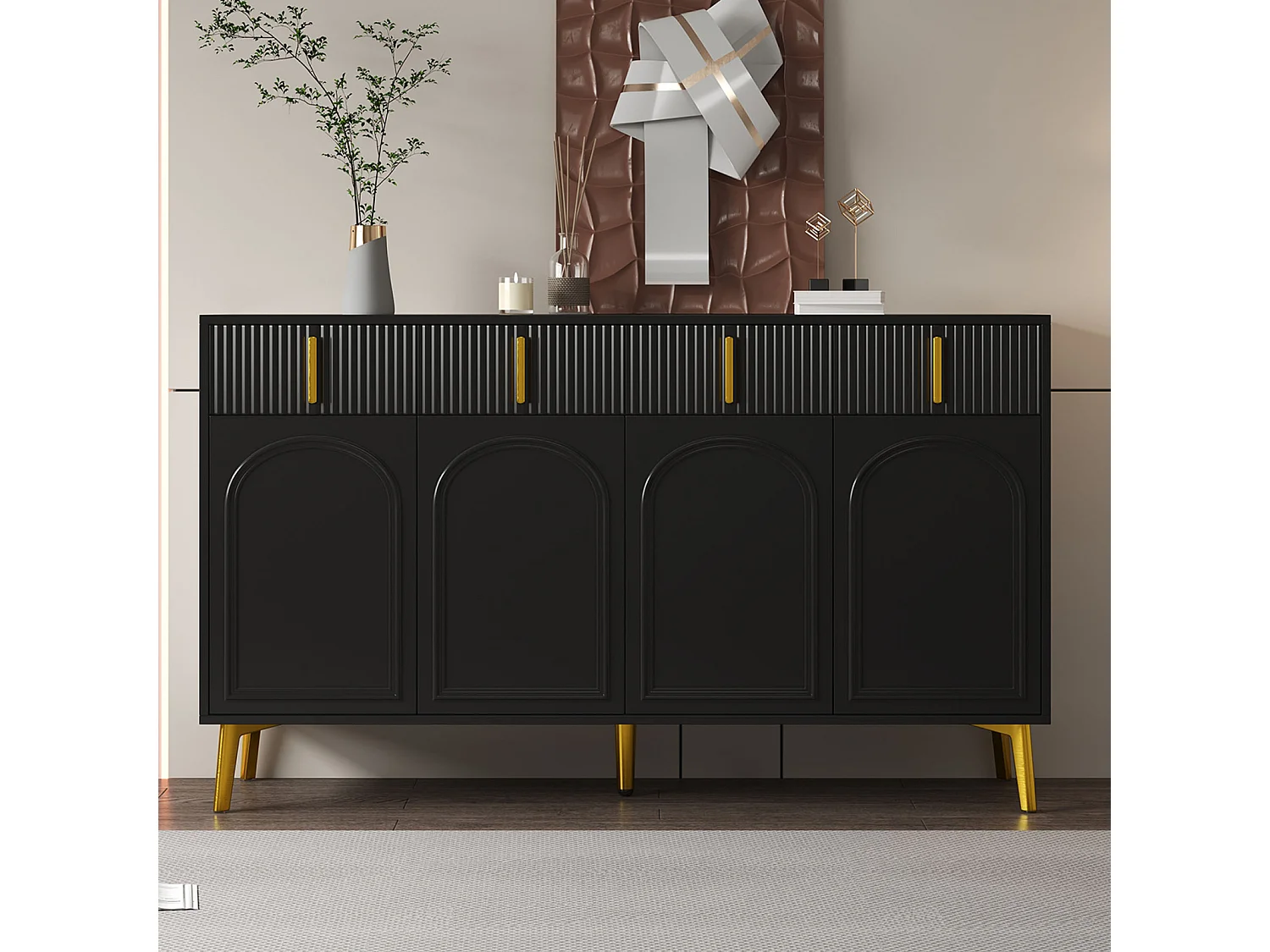 Dressoir 140x37,8x82cm - met 4 deuren, 4 laden, gouden handgrepen en poten - verwijderbaar laminaat - ZWART