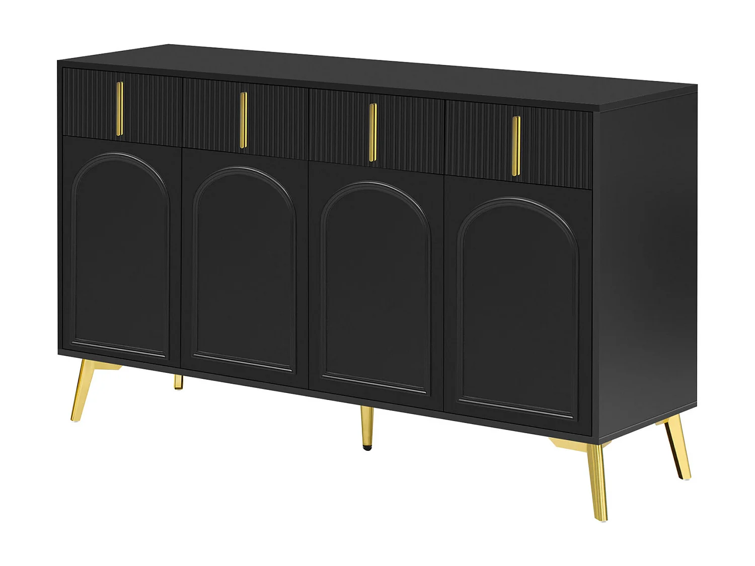Buffet 140x37.8x82cm - avec 4 portes, 4 tiroirs, poignées et pieds dorés - stratifié amovible - NOIR