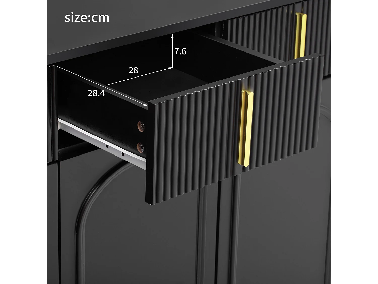 Buffet 140x37.8x82cm - avec 4 portes, 4 tiroirs, poignées et pieds dorés - stratifié amovible - NOIR