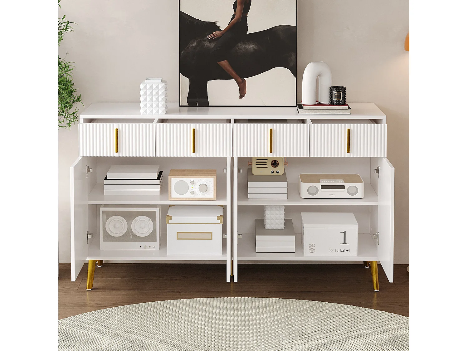 Sideboard 140x37,8x82cm – mit 4 Türen, 4 Schubladen, goldenen Griffen und Füßen – abnehmbares Laminat – Weiß