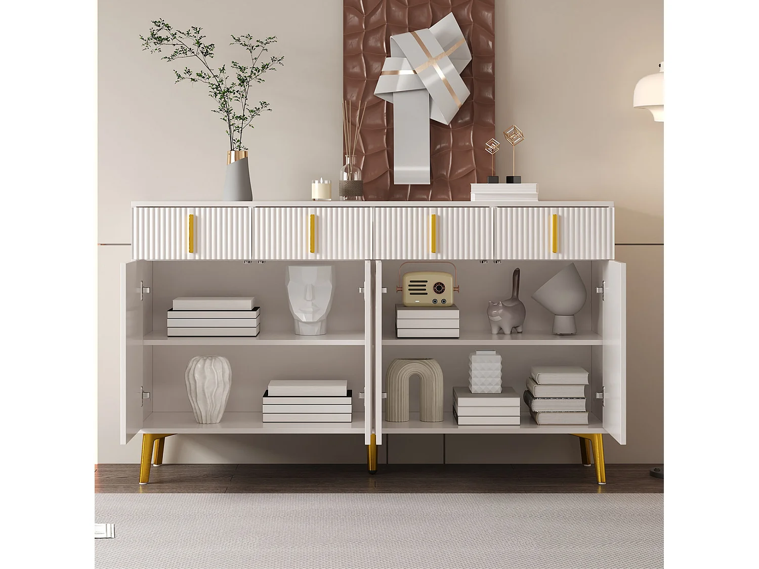 Sideboard 140x37,8x82cm – mit 4 Türen, 4 Schubladen, goldenen Griffen und Füßen – abnehmbares Laminat – Weiß