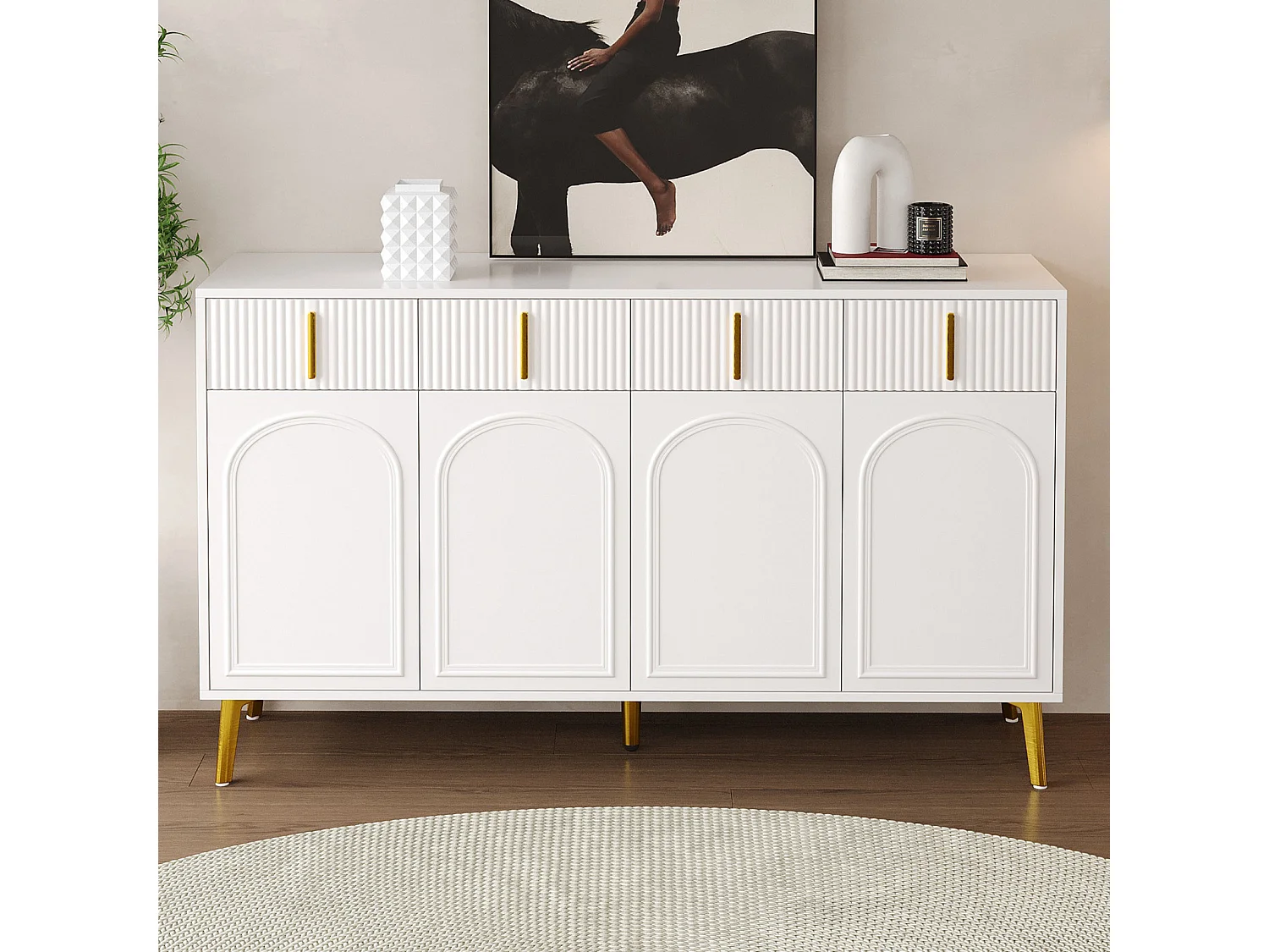 Dressoir 140x37,8x82cm - met 4 deuren, 4 laden, gouden handgrepen en poten - verwijderbaar laminaat - Wit