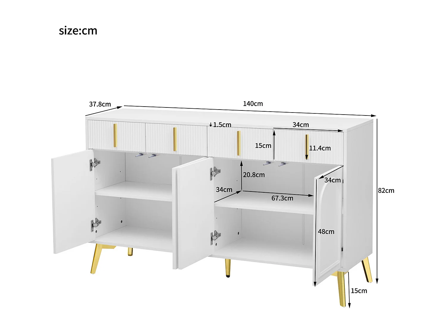 Dressoir 140x37,8x82cm - met 4 deuren, 4 laden, gouden handgrepen en poten - verwijderbaar laminaat - Wit