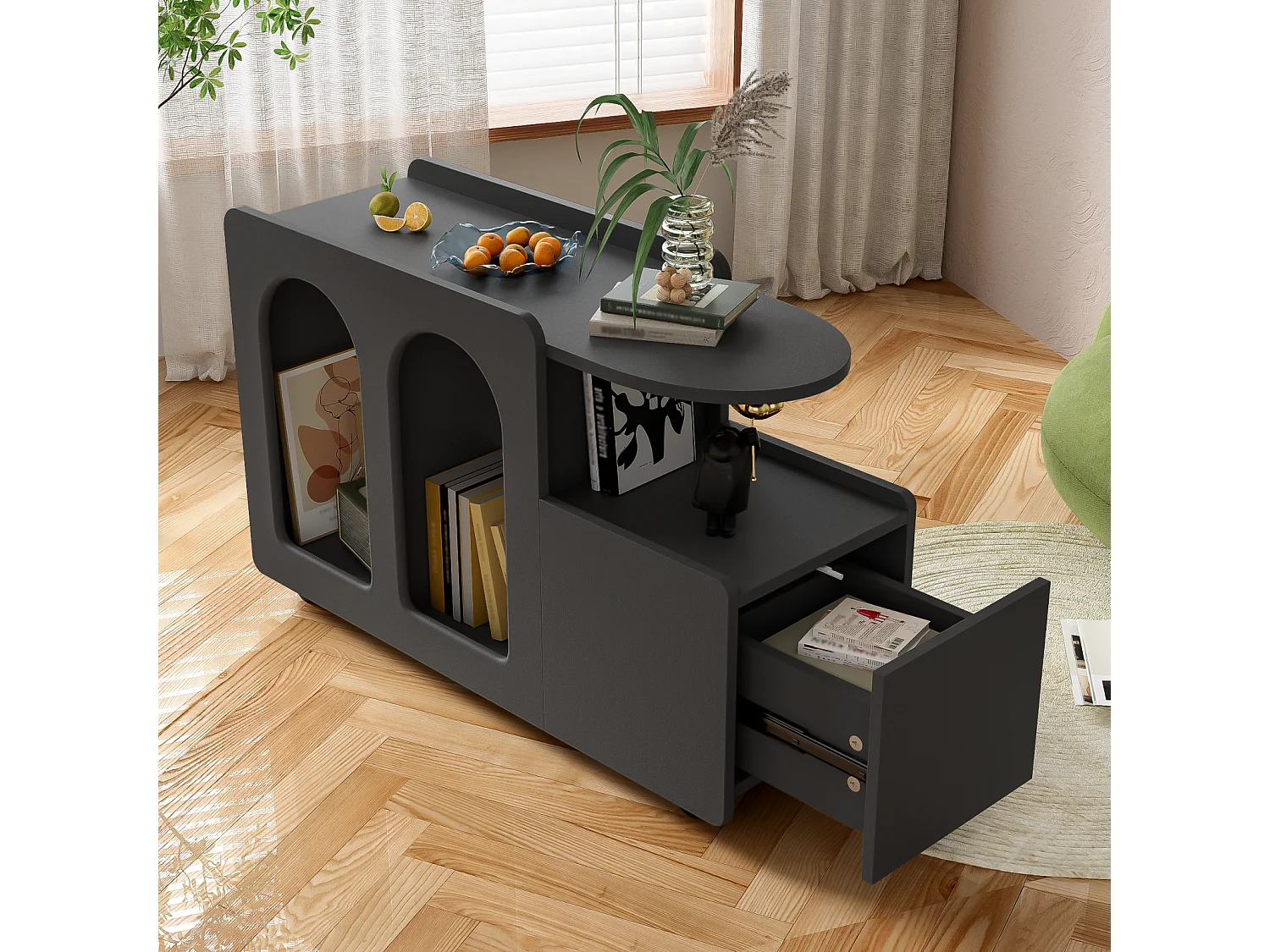 Mesa de centro 82x30x53cm - Armário lateral com rodízios, - Preto