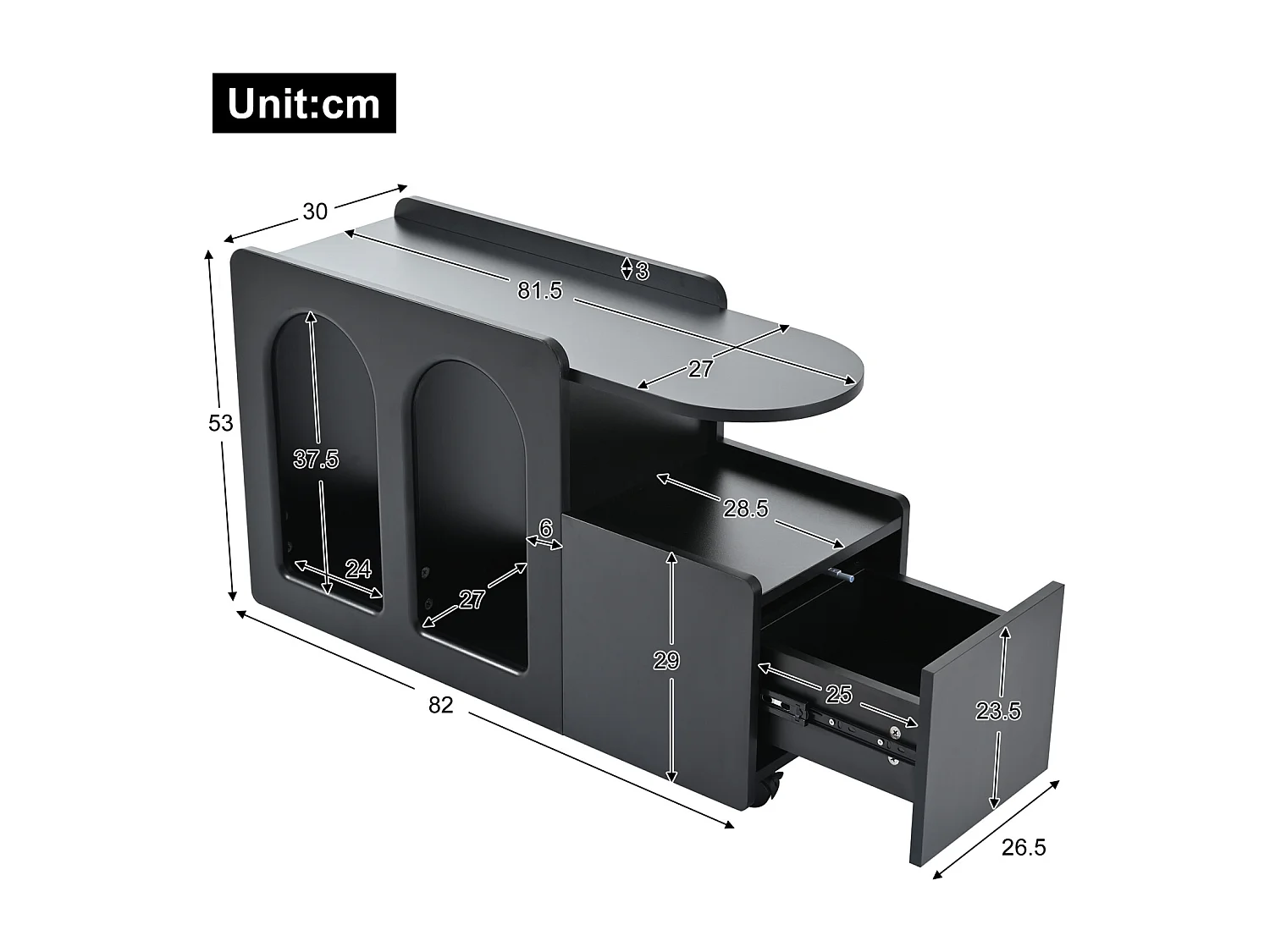 Mesa de centro 82x30x53cm - Armário lateral com rodízios, - Preto