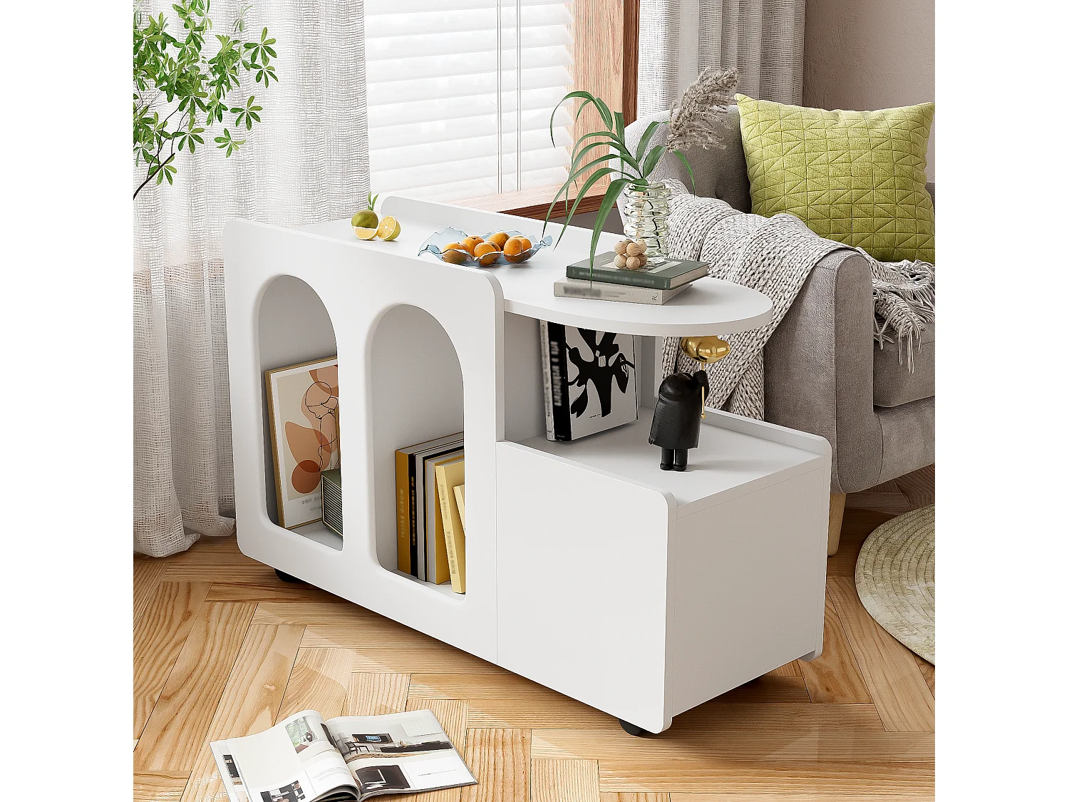 Salontafel 82x30x54cm - Zijkast op wielen, - wit