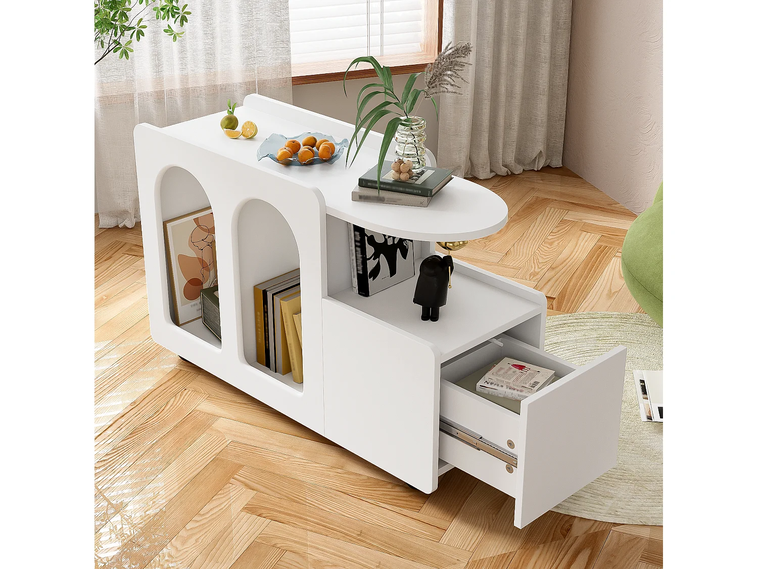 Salontafel 82x30x54cm - Zijkast op wielen, - wit