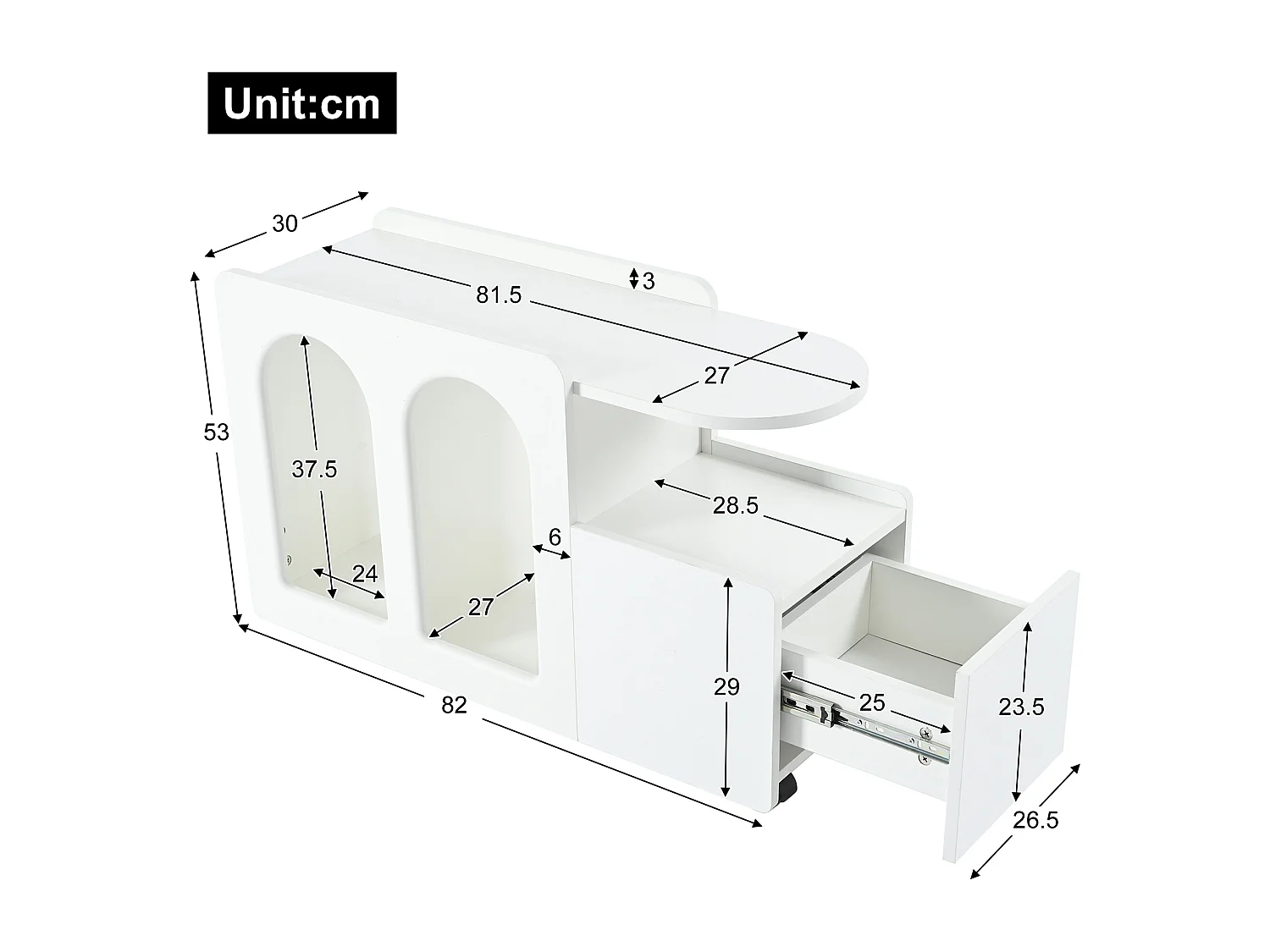 Salontafel 82x30x54cm - Zijkast op wielen, - wit
