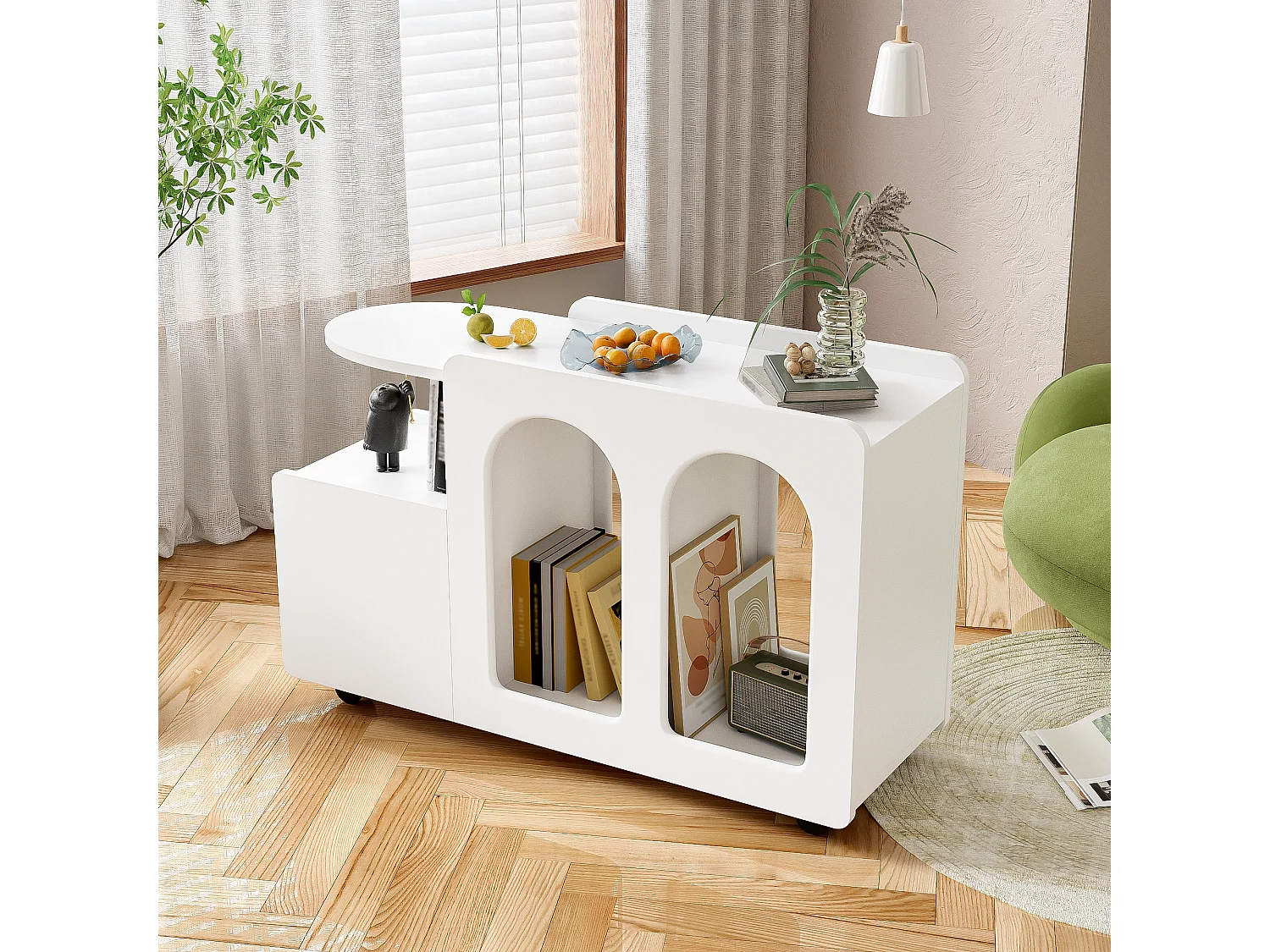 Salontafel 82x30x54cm - Zijkast op wielen, - wit