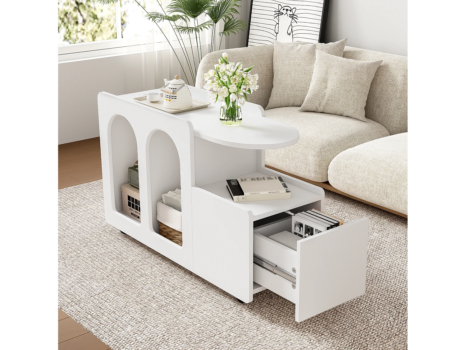 Salontafel 82x30x54cm - Zijkast op wielen, - wit