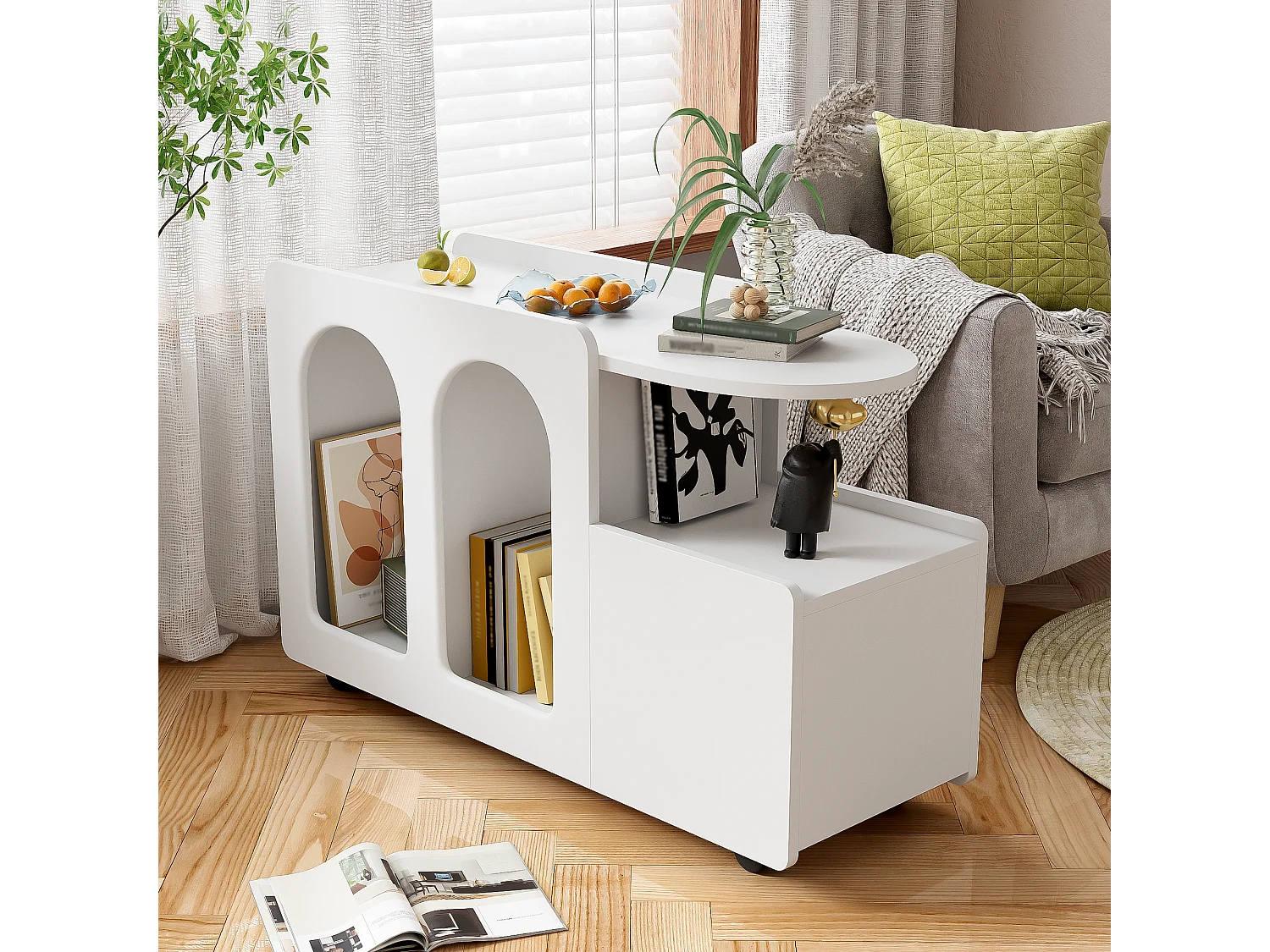 Salontafel 82x30x54cm - Zijkast op wielen, - wit