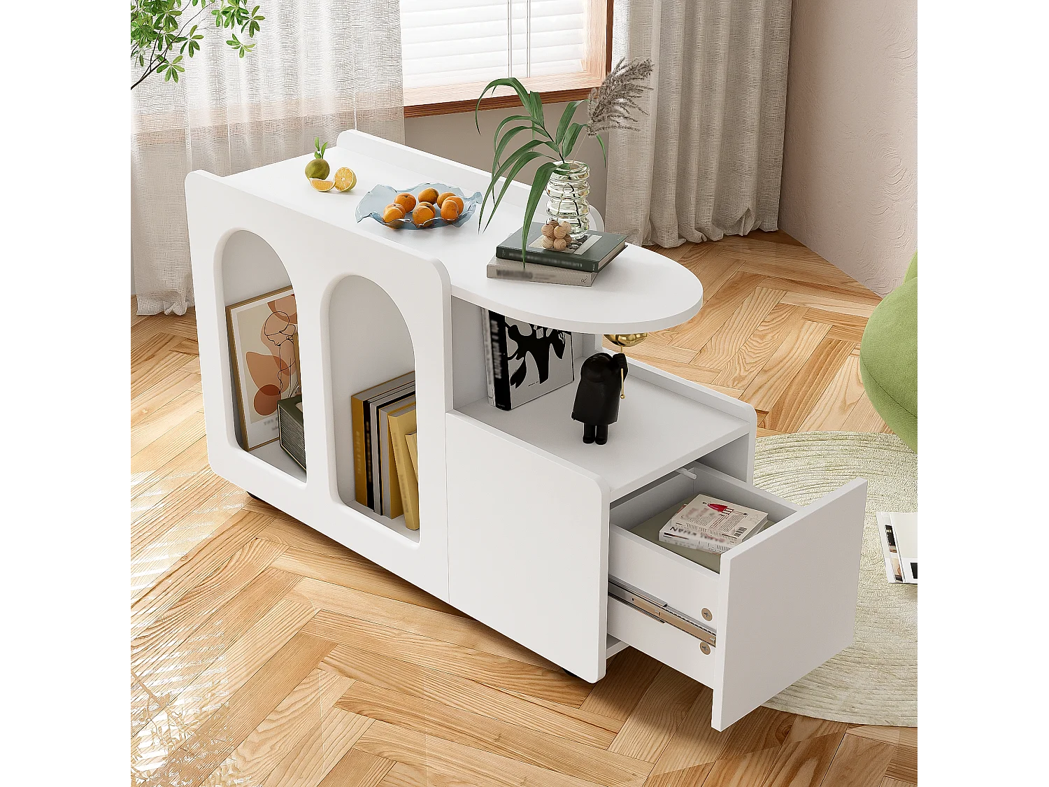 Salontafel 82x30x54cm - Zijkast op wielen, - wit