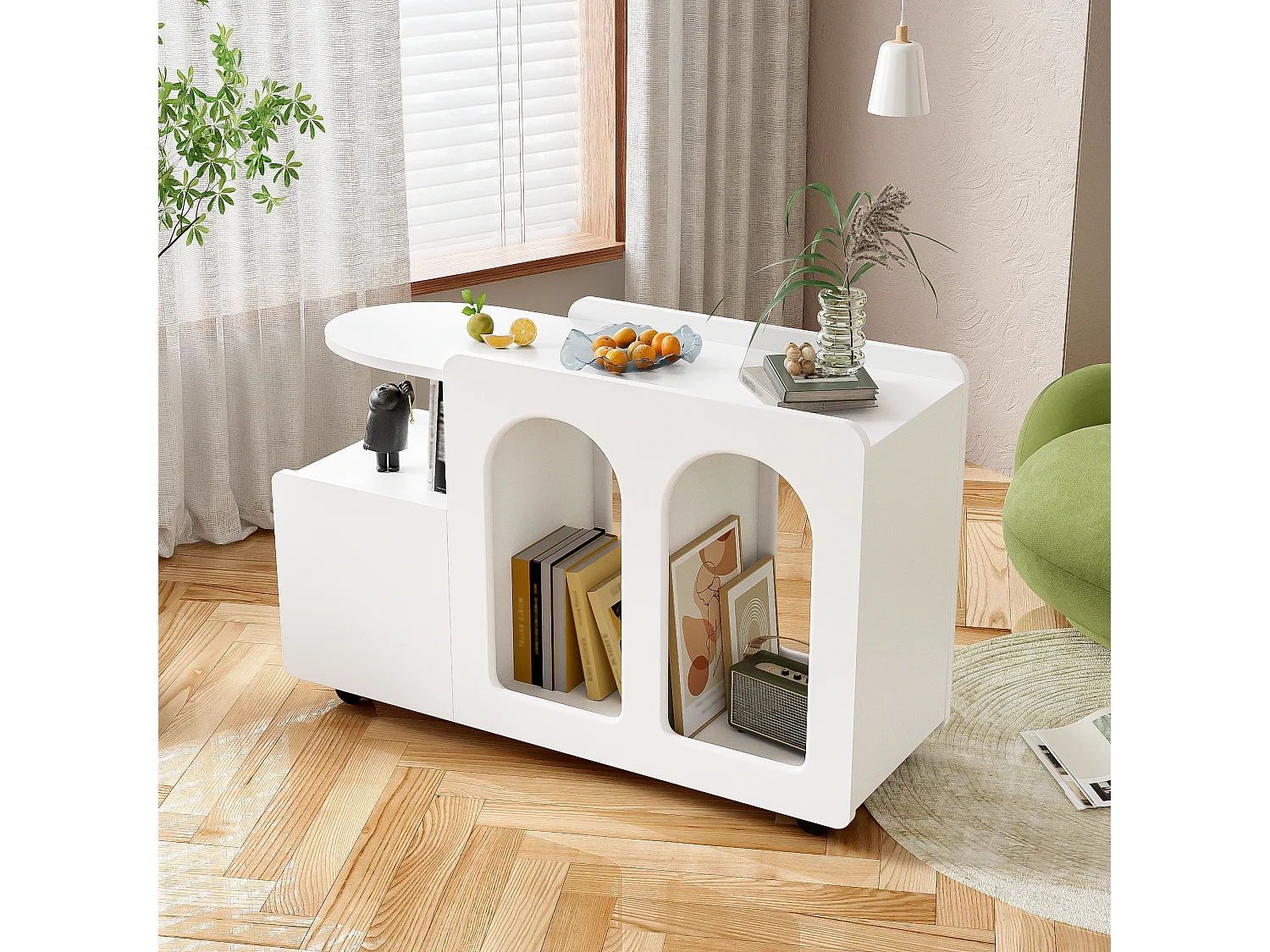 Salontafel 82x30x54cm - Zijkast op wielen, - wit