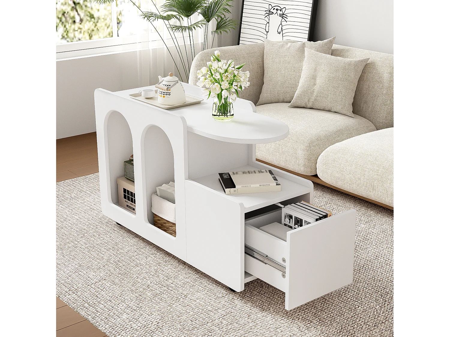 Salontafel 82x30x54cm - Zijkast op wielen, - wit