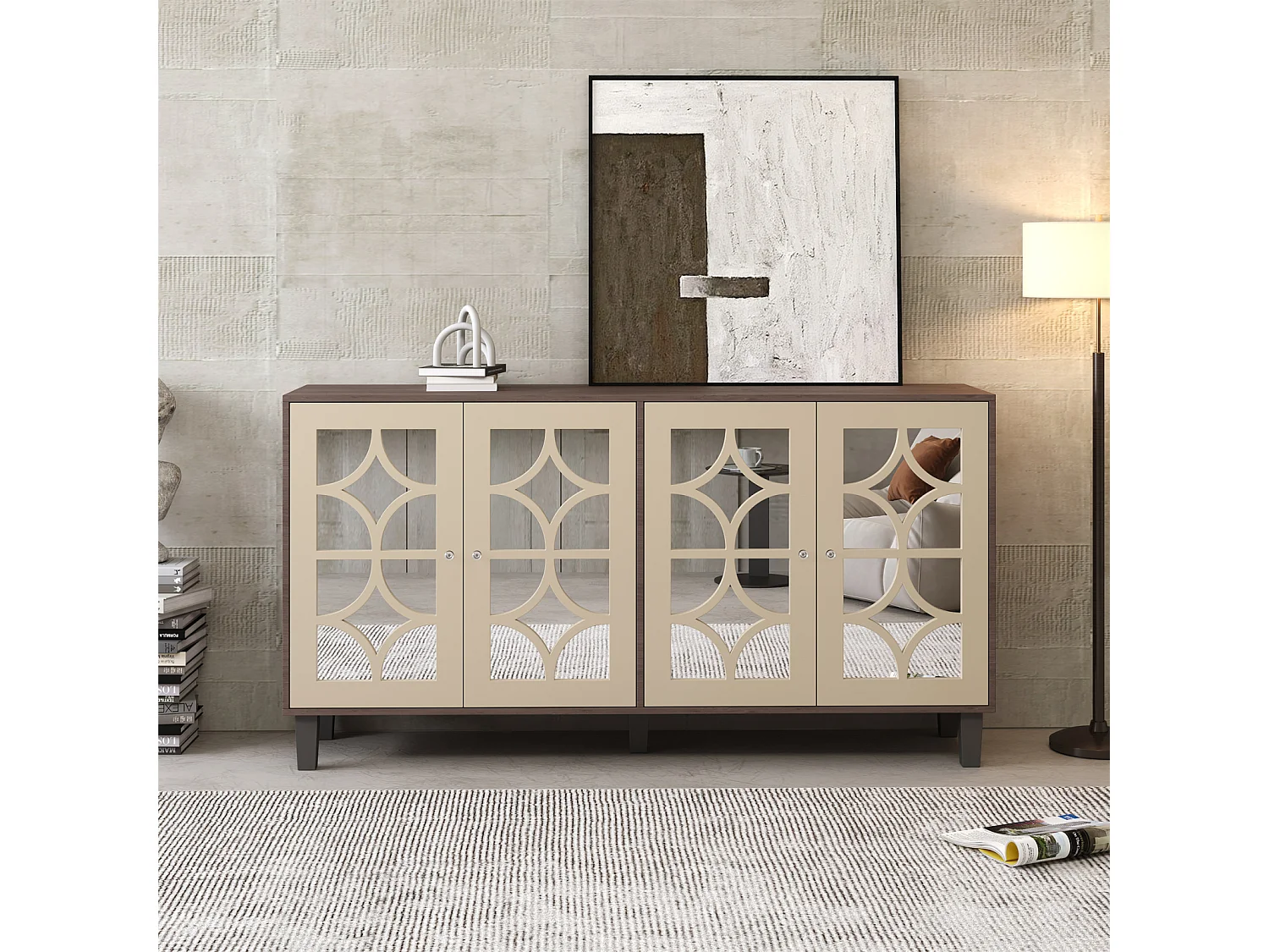 Spiegel-Sideboard mit coolen Kristallgriffen, 4 Türen, mit abnehmbarem Laminat, 160 x 40 x 85 cm