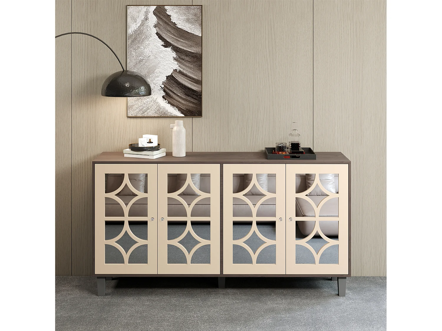 Spiegel-Sideboard mit coolen Kristallgriffen, 4 Türen, mit abnehmbarem Laminat, 160 x 40 x 85 cm