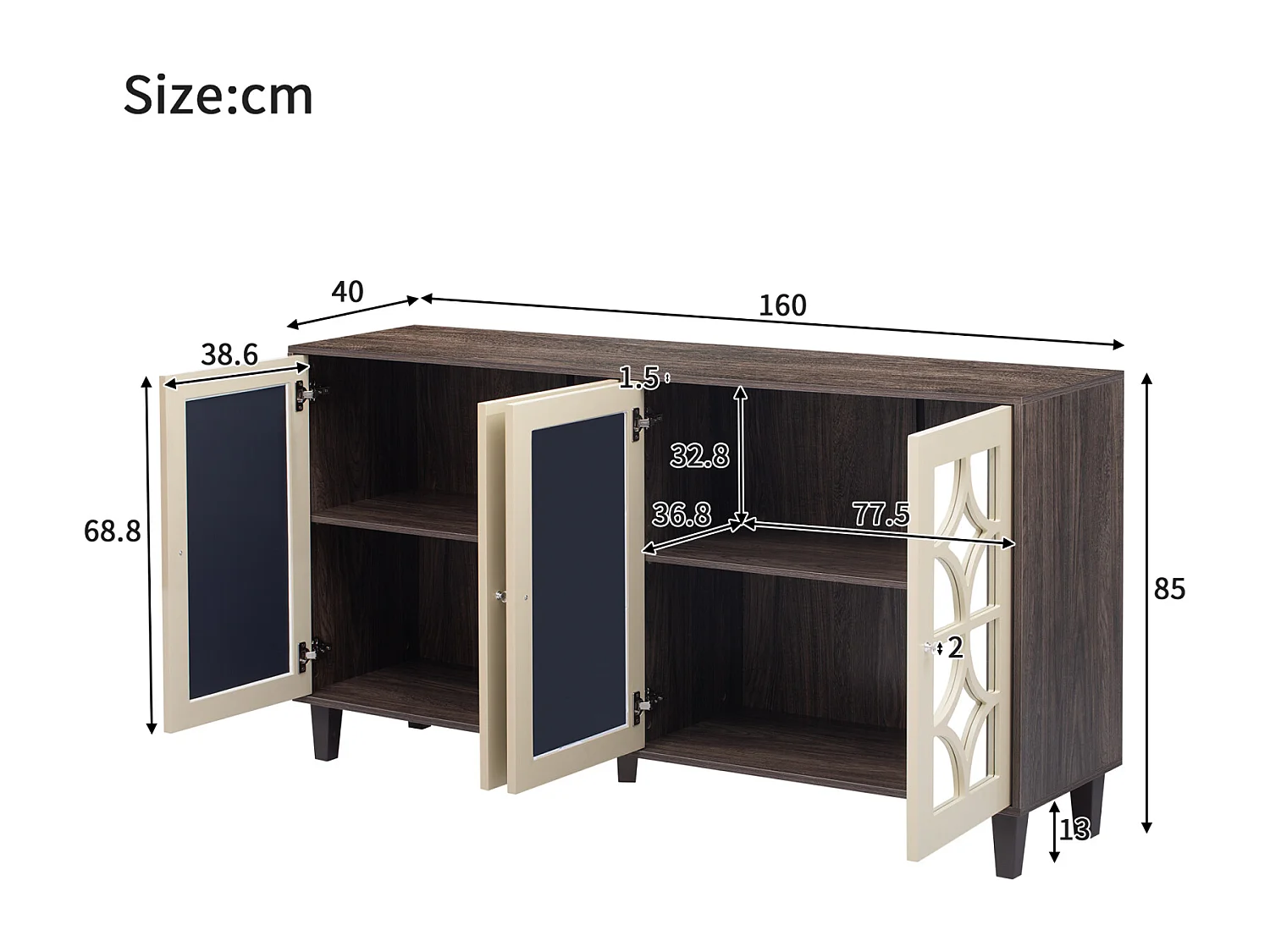Spiegel-Sideboard mit coolen Kristallgriffen, 4 Türen, mit abnehmbarem Laminat, 160 x 40 x 85 cm